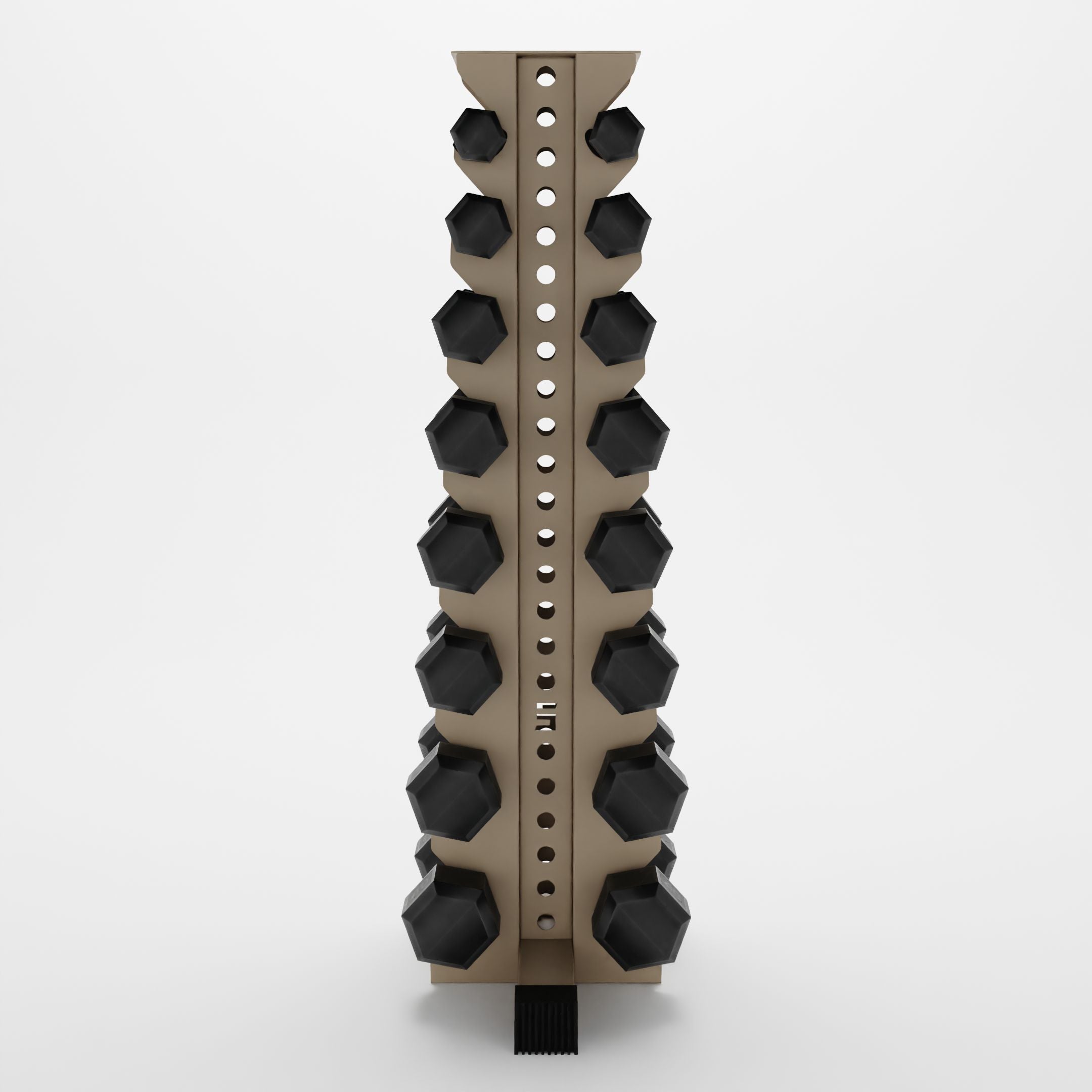military tan alpha 8-tier vertical dumbbell storage rack storing hex dumbbells