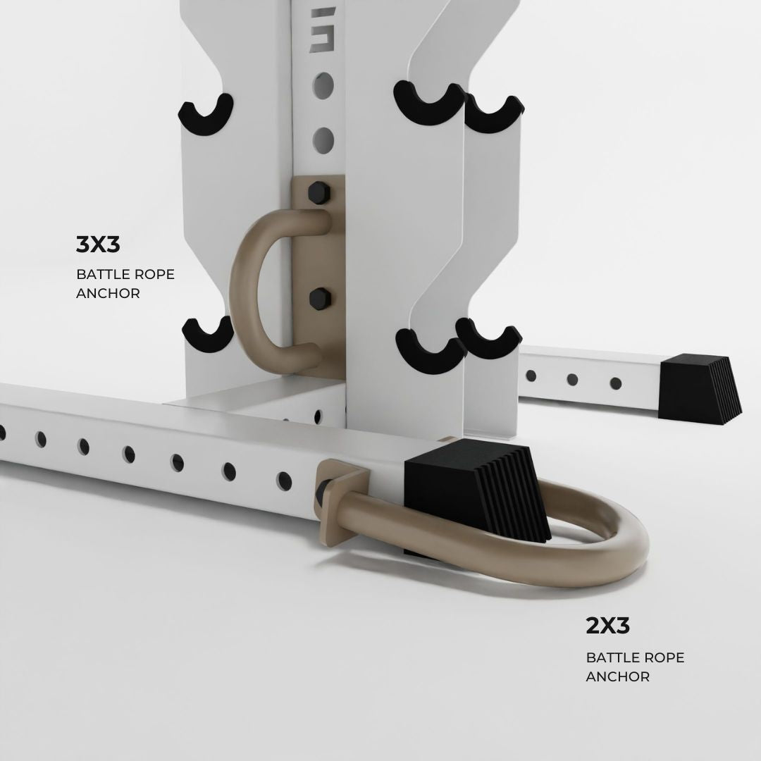 military tan battle rope anchors attached to a rack base