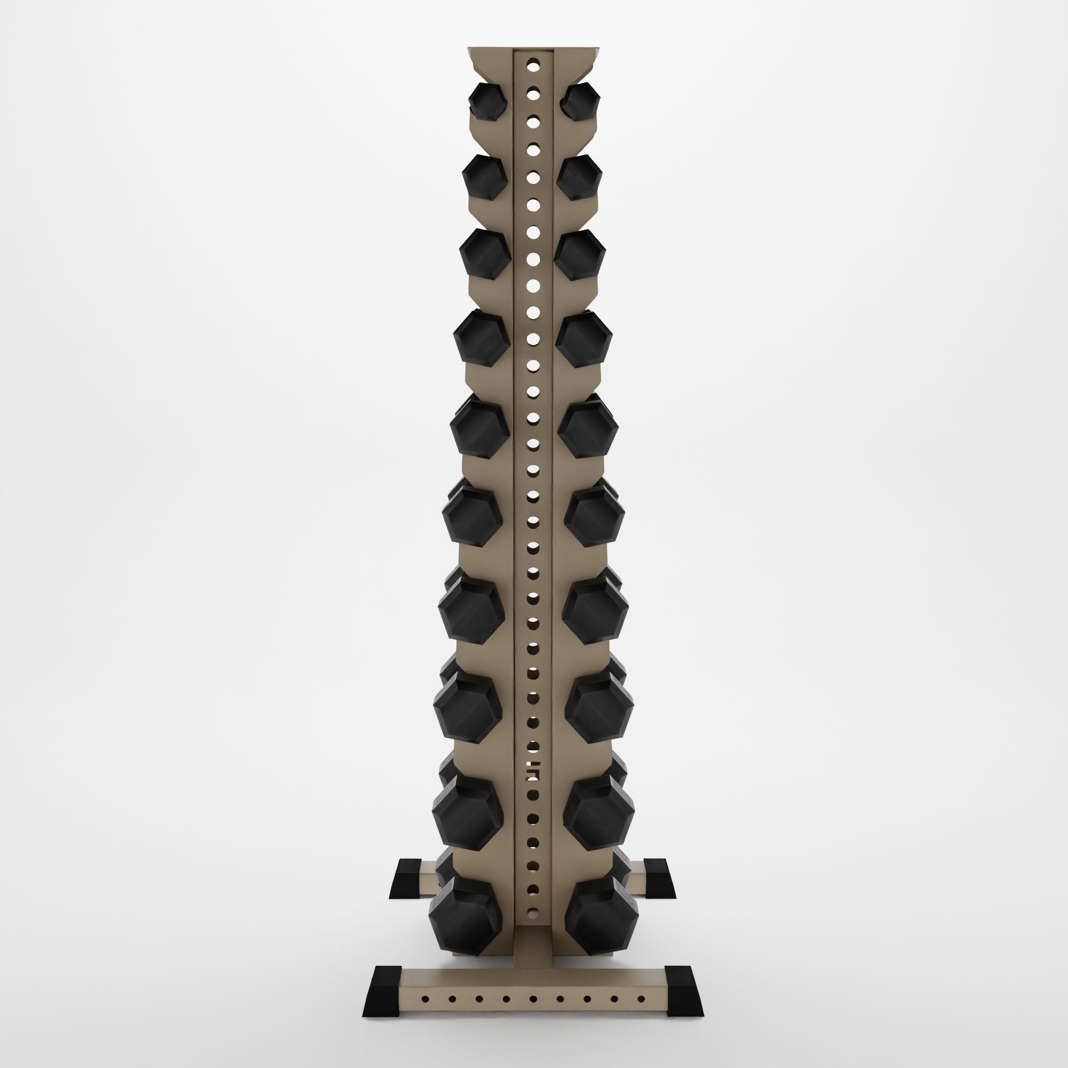 military tan delta 10-tier vertical dumbbell storage rack storing hex dumbbells