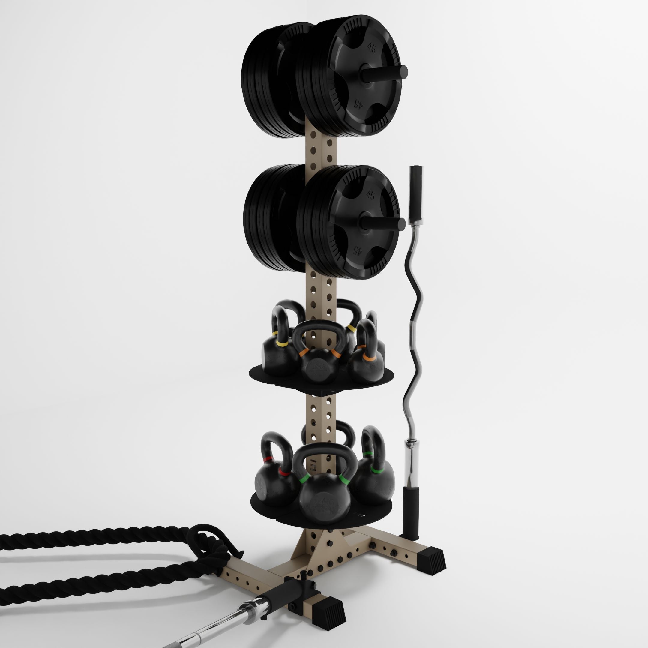 military tan delta pk vertical hybrid weight plate and kettlebell storage rack storing weight plates, kettlebells, barbells, and a battle rope using storage attachment accessories