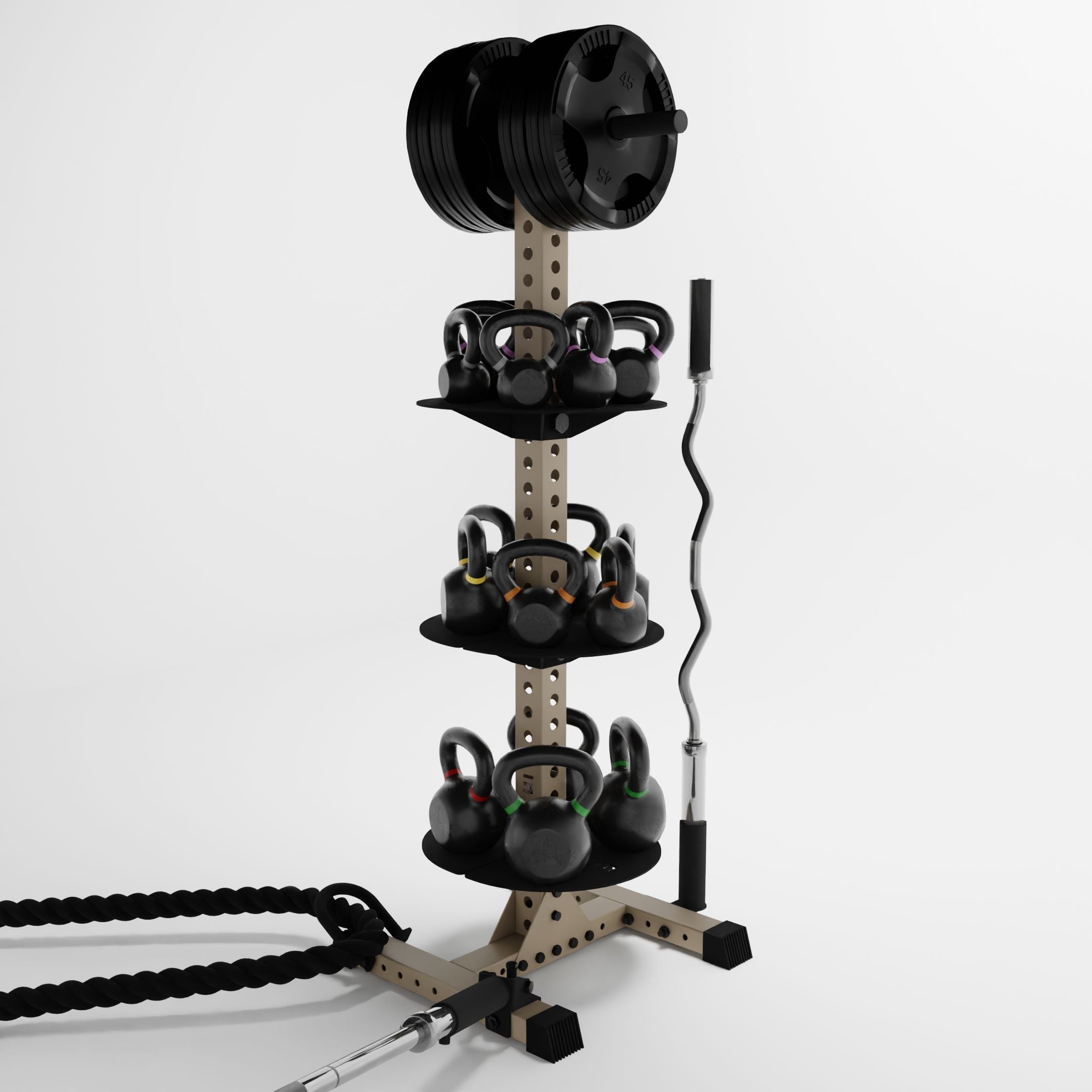 military tan delta pk vertical hybrid weight plate and kettlebell storage rack storing weight plates, kettlebells, barbells, and a battle rope using storage attachment accessories