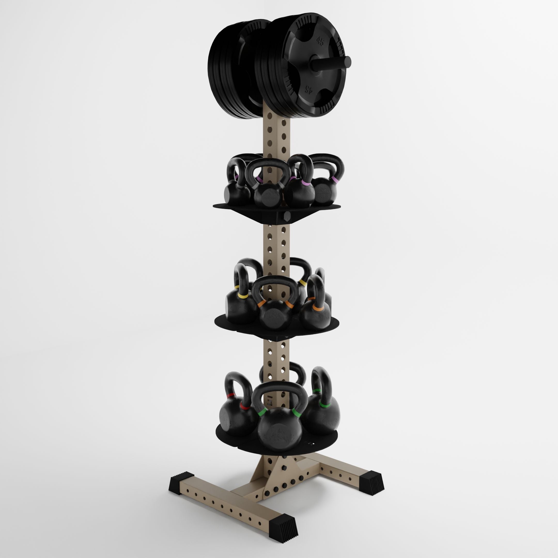 military tan delta pk vertical hybrid weight plate and kettlebell storage rack storing weight plates and kettlebells side view