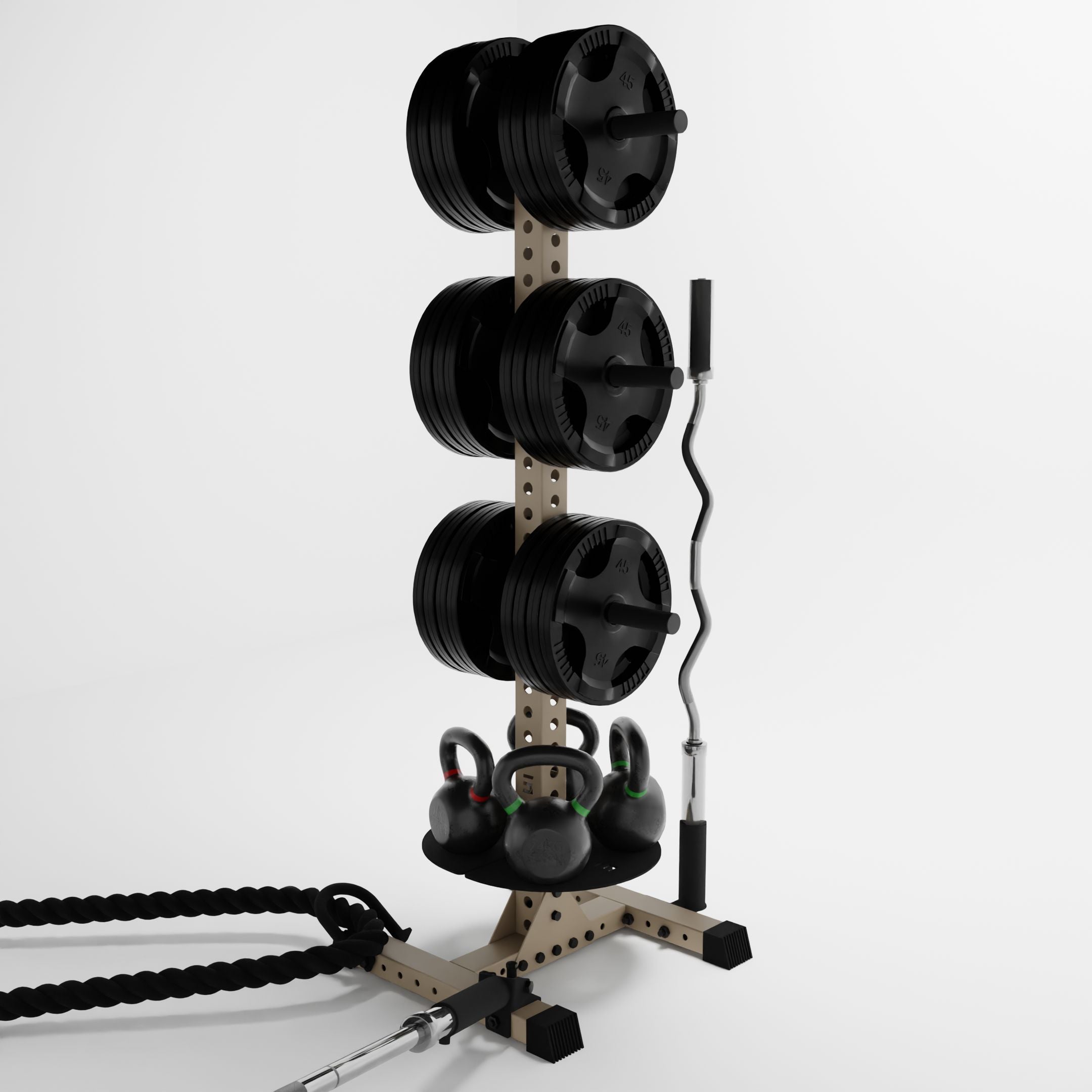 military tan delta pk vertical hybrid weight plate and kettlebell storage rack storing weight plates, kettlebells, barbells, and a battle rope using storage attachment accessories