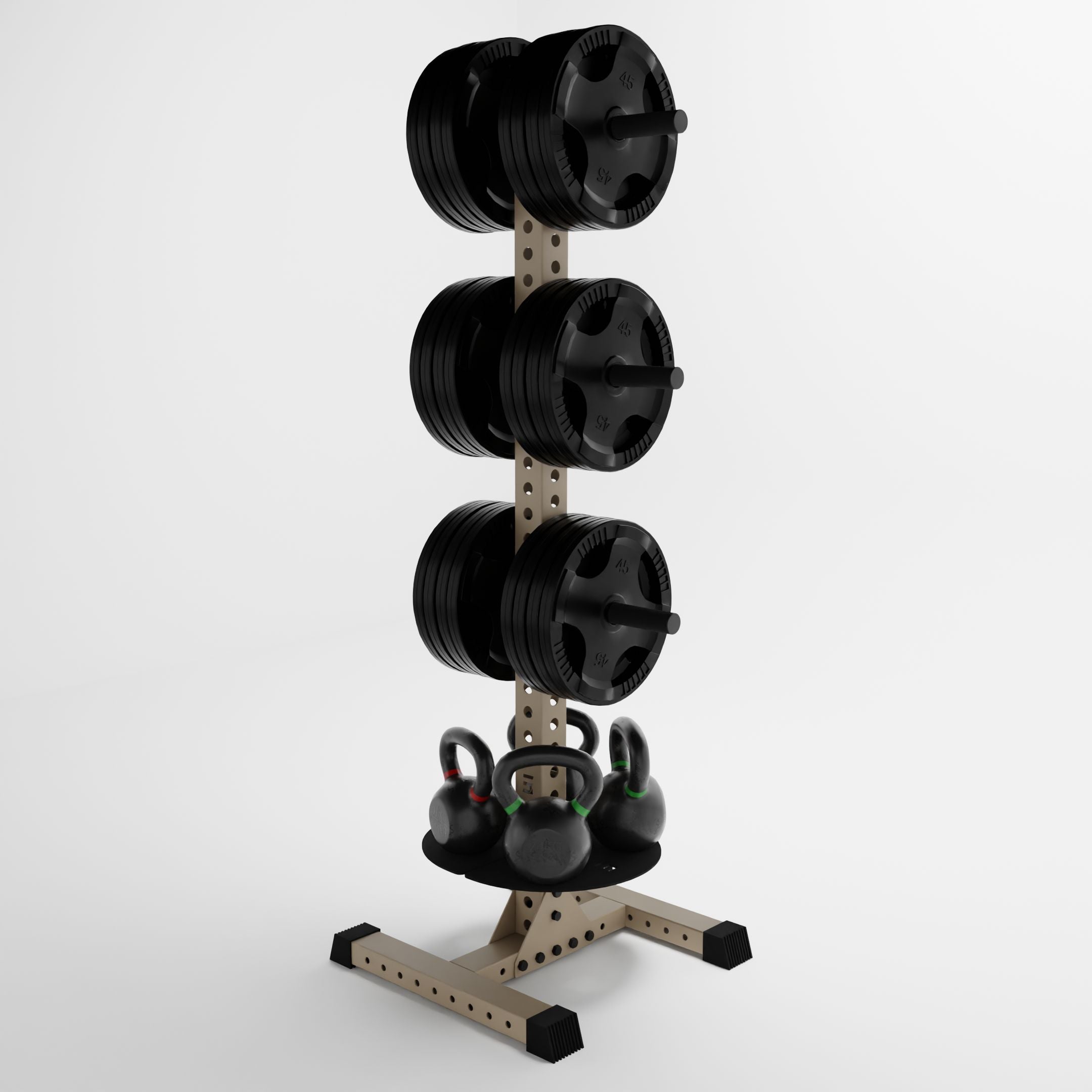 military tan delta pk vertical hybrid weight plate and kettlebell storage rack storing weight plates and kettlebells