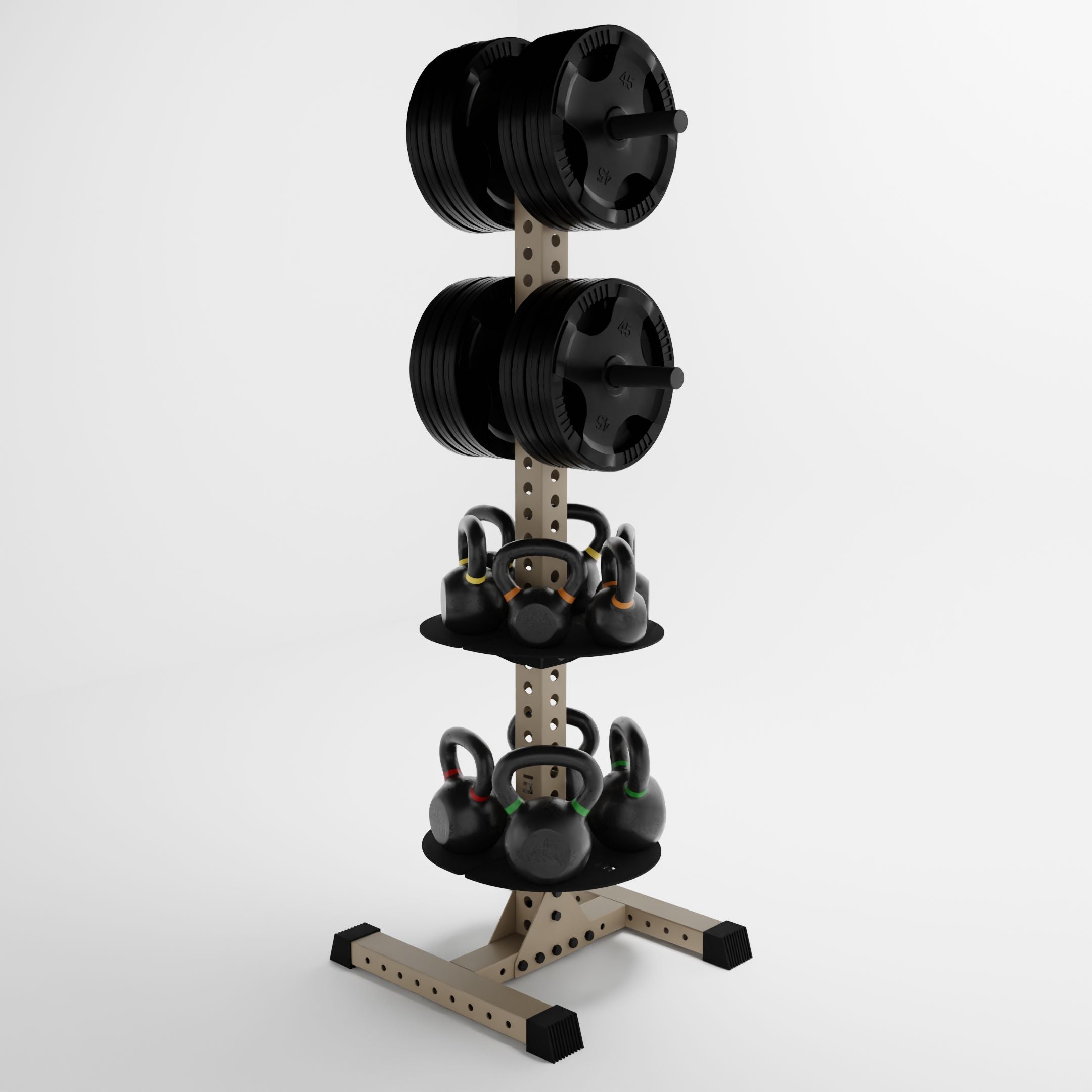 military tan delta pk vertical hybrid weight plate and kettlebell storage rack storing weight plates and kettlebells side view