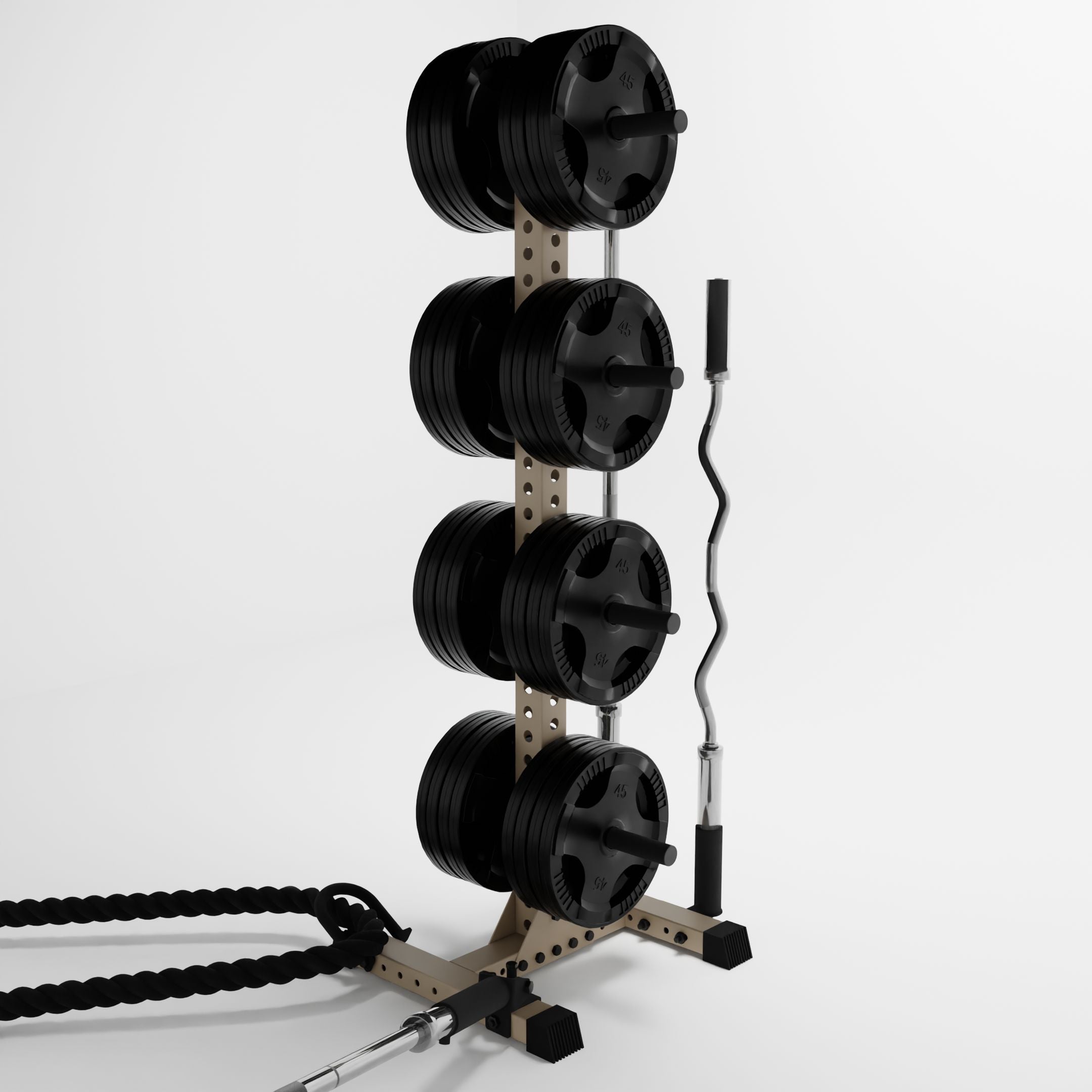 military tan delta 4-tier vertical weight plate tree storing weight plates, barbells, and a battle rope using storage attachment accessories