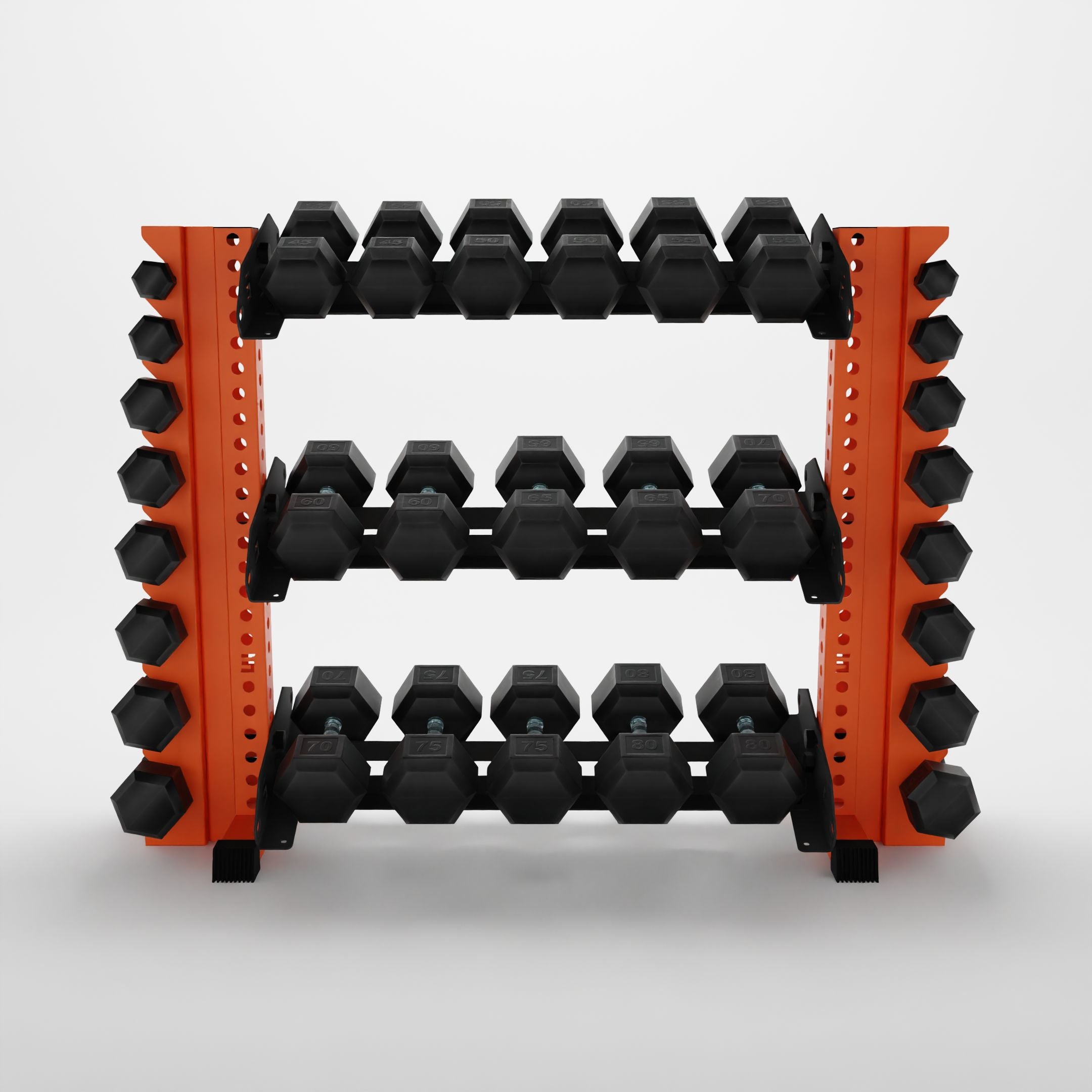 orange 43-inch alpha 3-tier horizontal dumbbell rack with vertical add-ons storing hex dumbbells