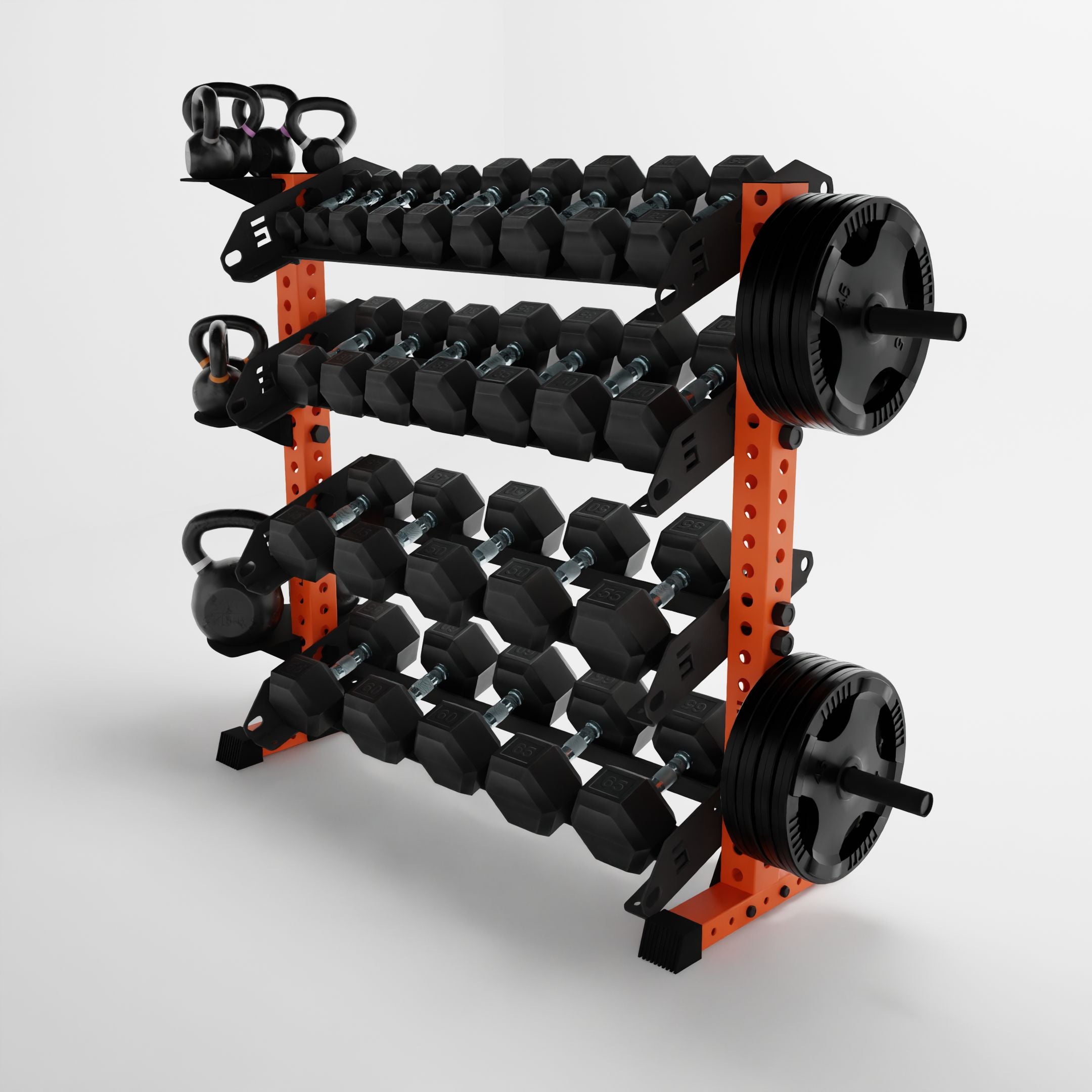 orange 43-inch alpha 4-tier horizontal dumbbell rack storing dumbbells, weight plates, and kettlebells using storage attachment accessories