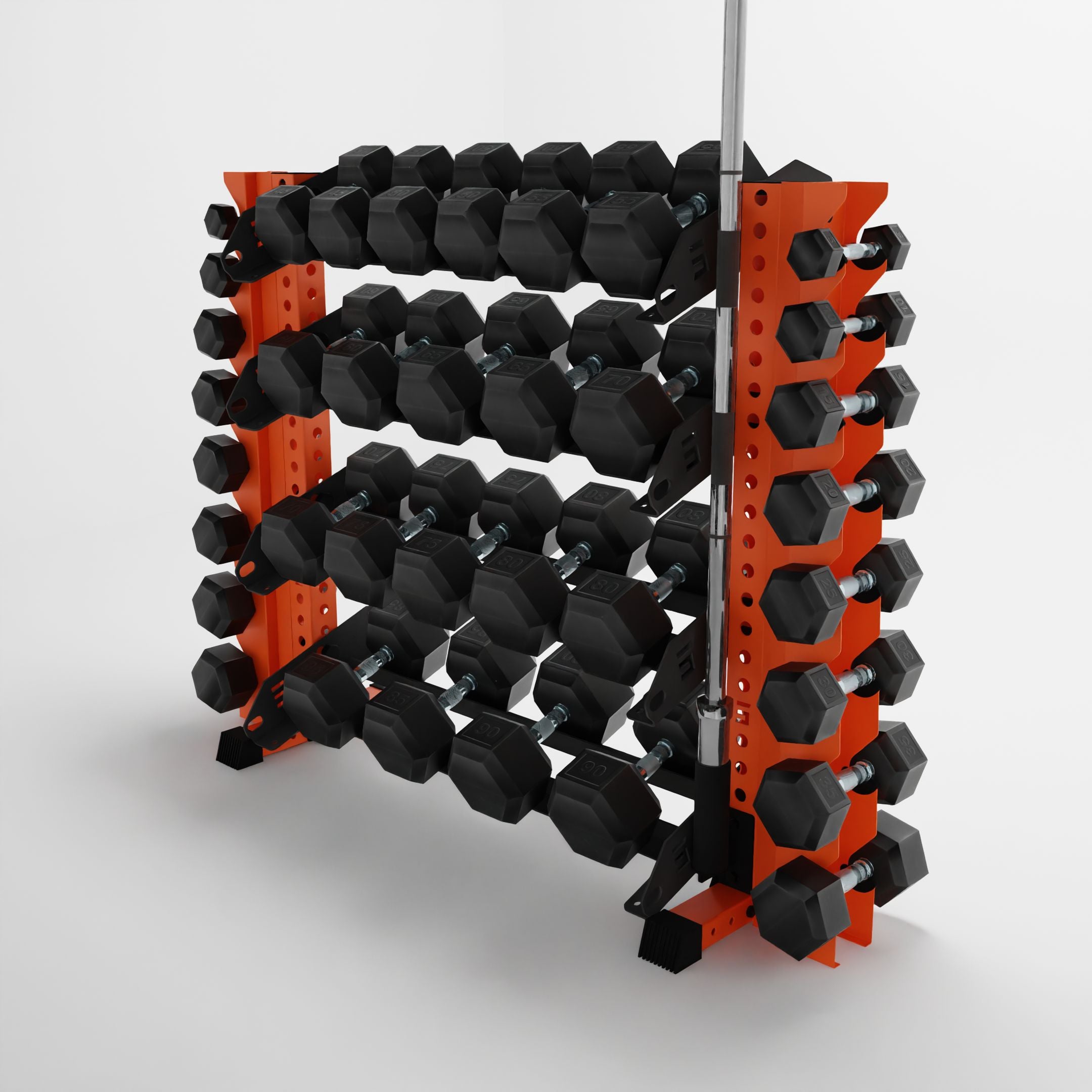 orange 43-inch alpha 4-tier horizontal dumbbell rack with vertical add-ons storing dumbbells and a barbell using a storage attachment accessory