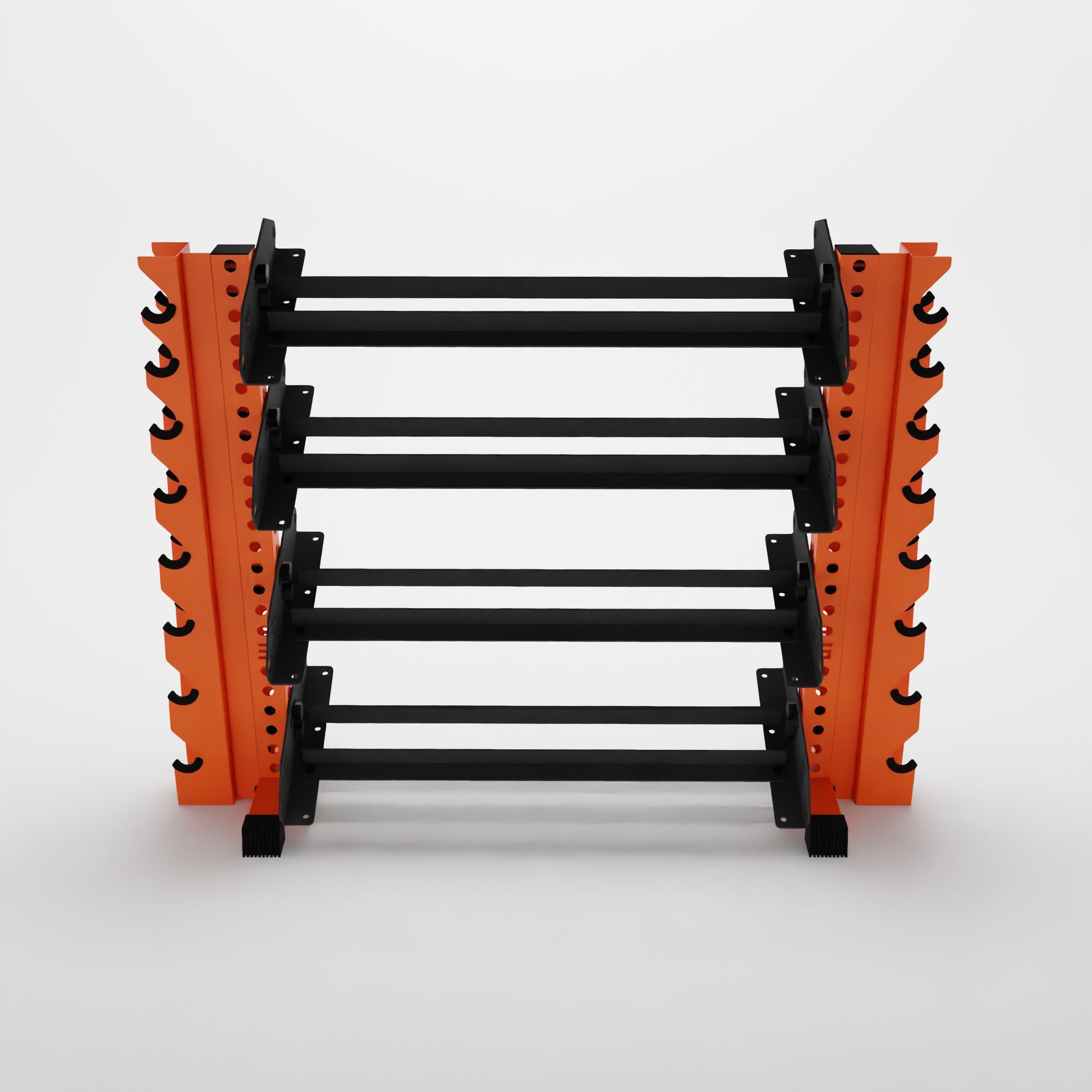 orange 43-inch alpha 4-tier horizontal dumbbell rack with vertical add-ons