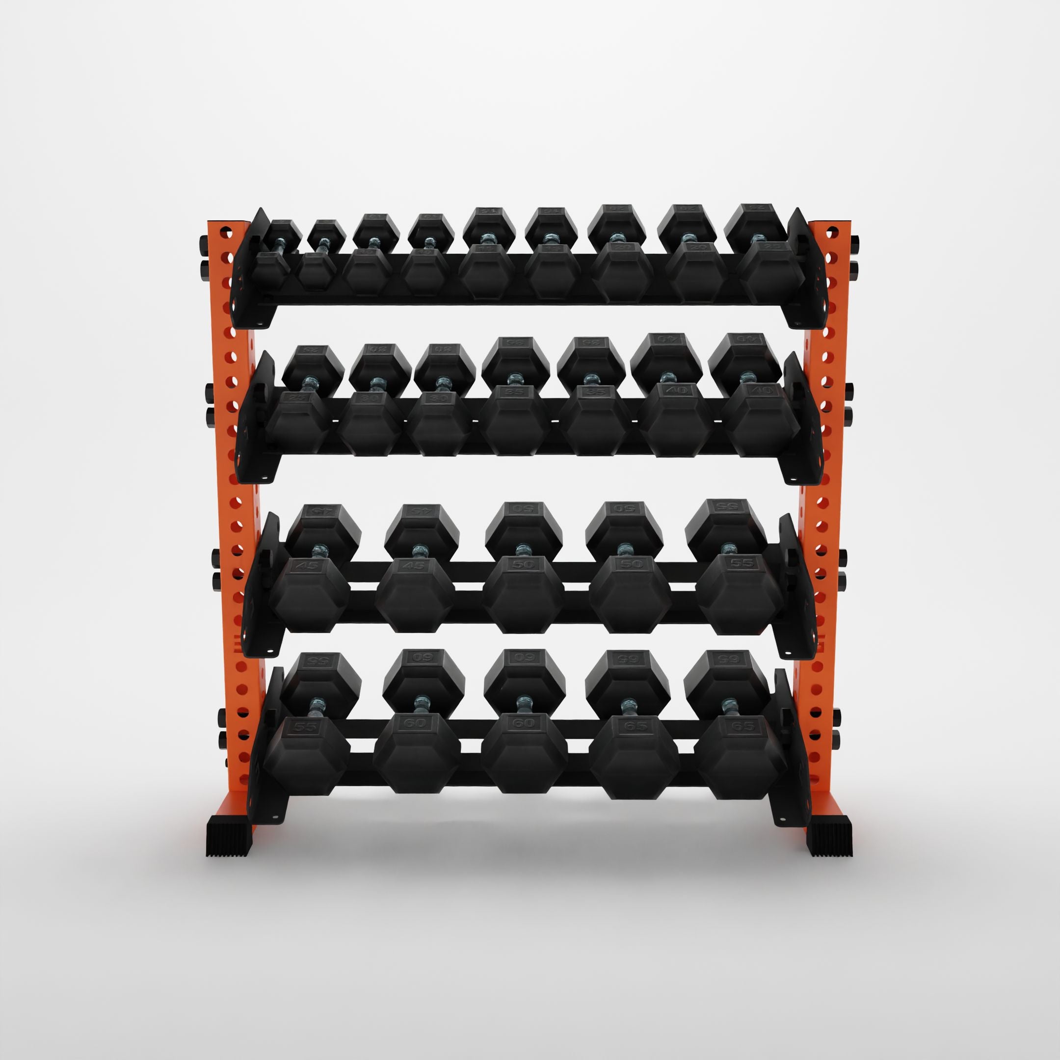 orange 43-inch alpha 4-tier horizontal dumbbell rack storing hex dumbbells