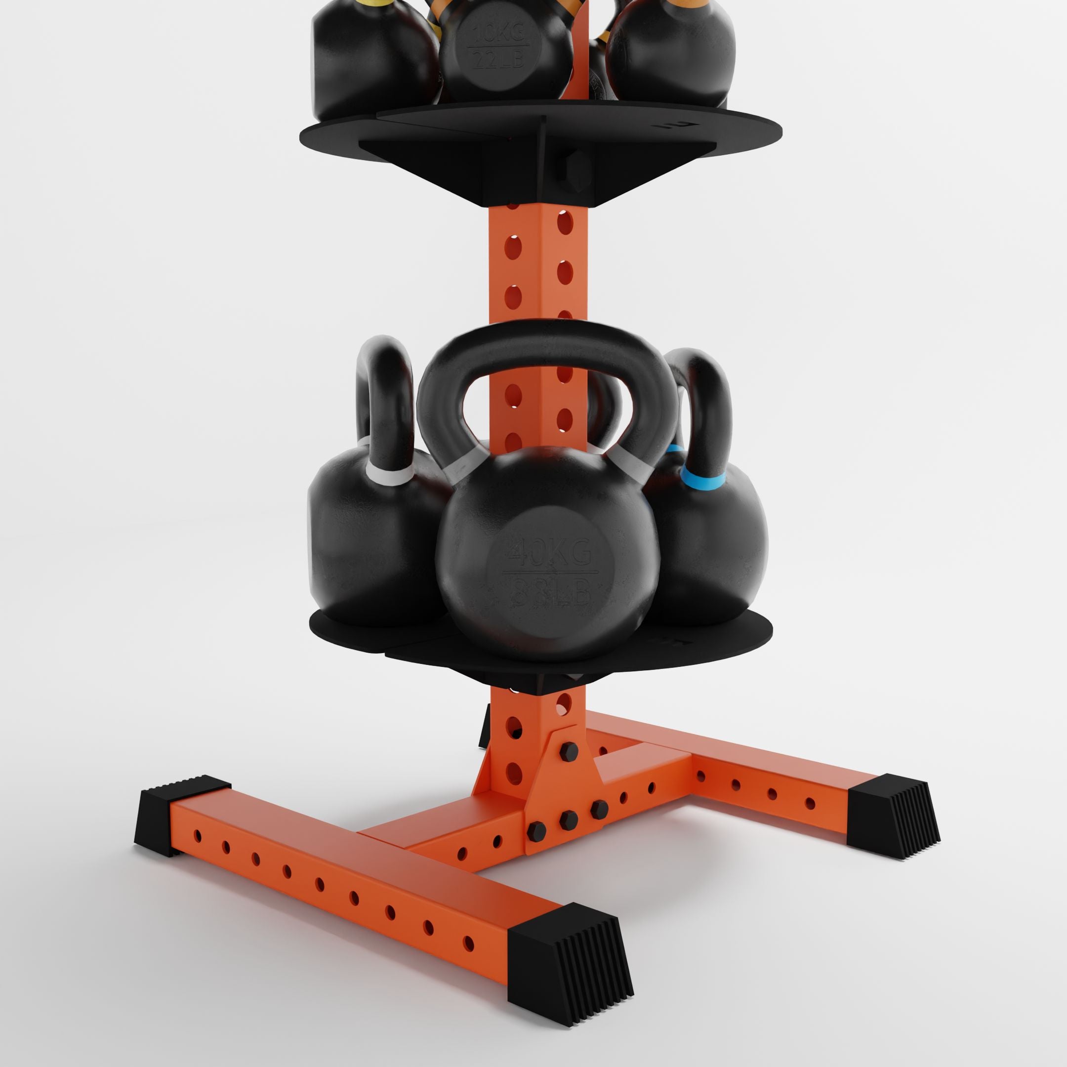 orange alpha 3-tier vertical kettlebell rack base holding kettlebells