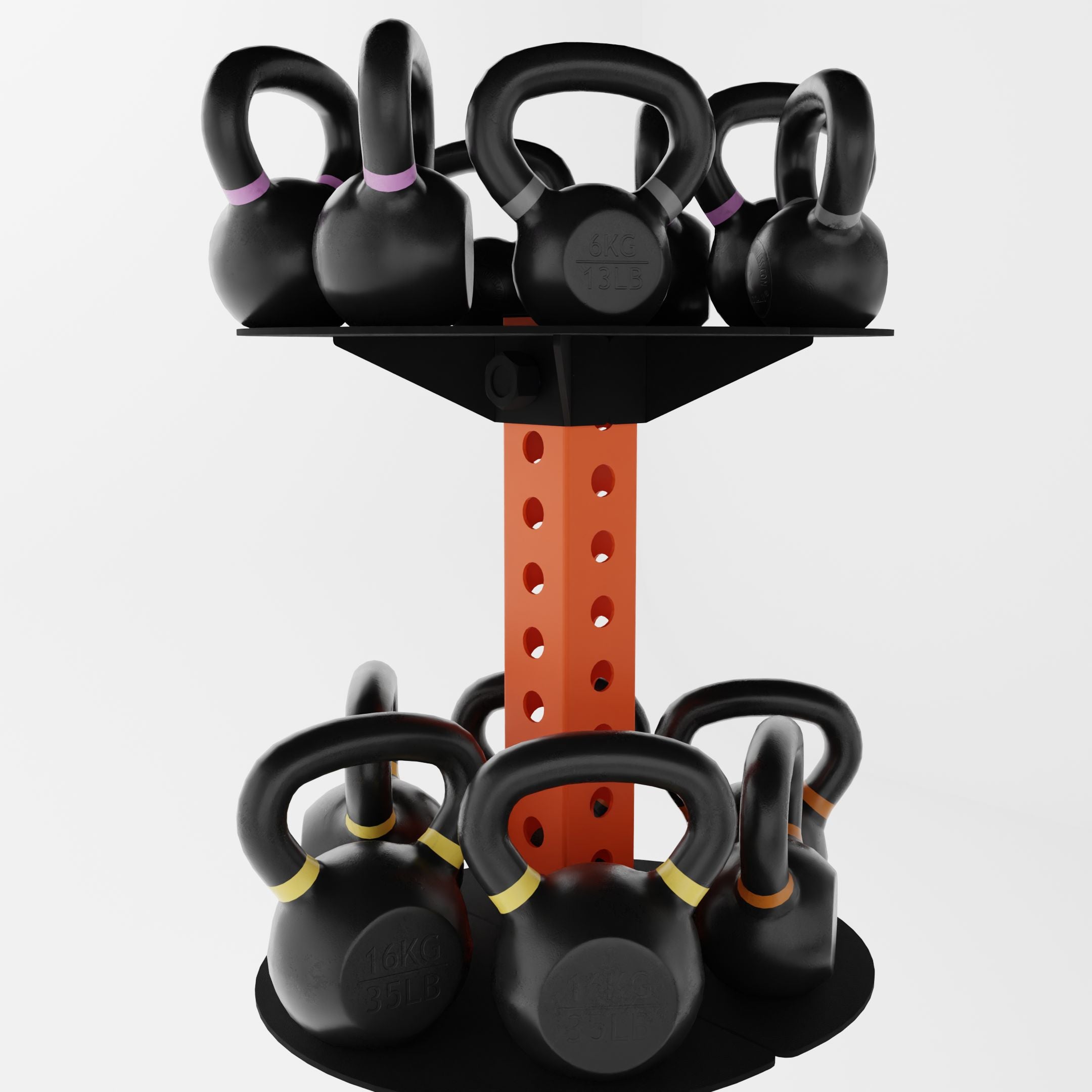 orange alpha vertical kettlebell rack holding kettlebells