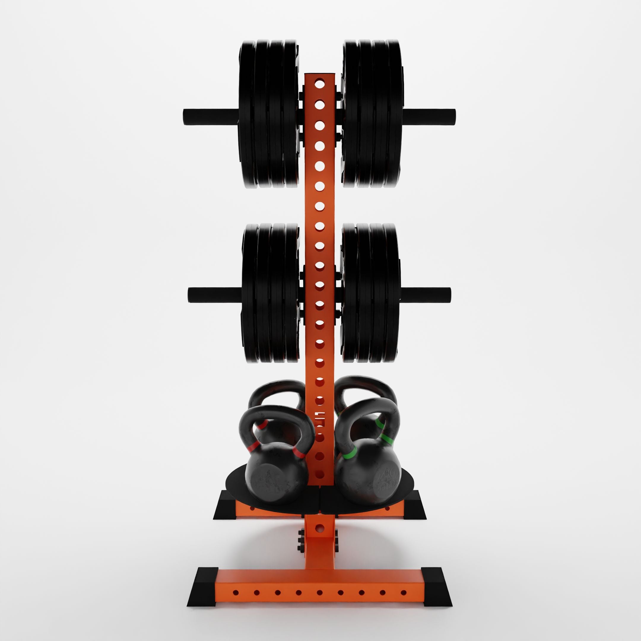 orange alpha pk vertical hybrid plate and kettlebell storage rack storing weight plates and kettlebells