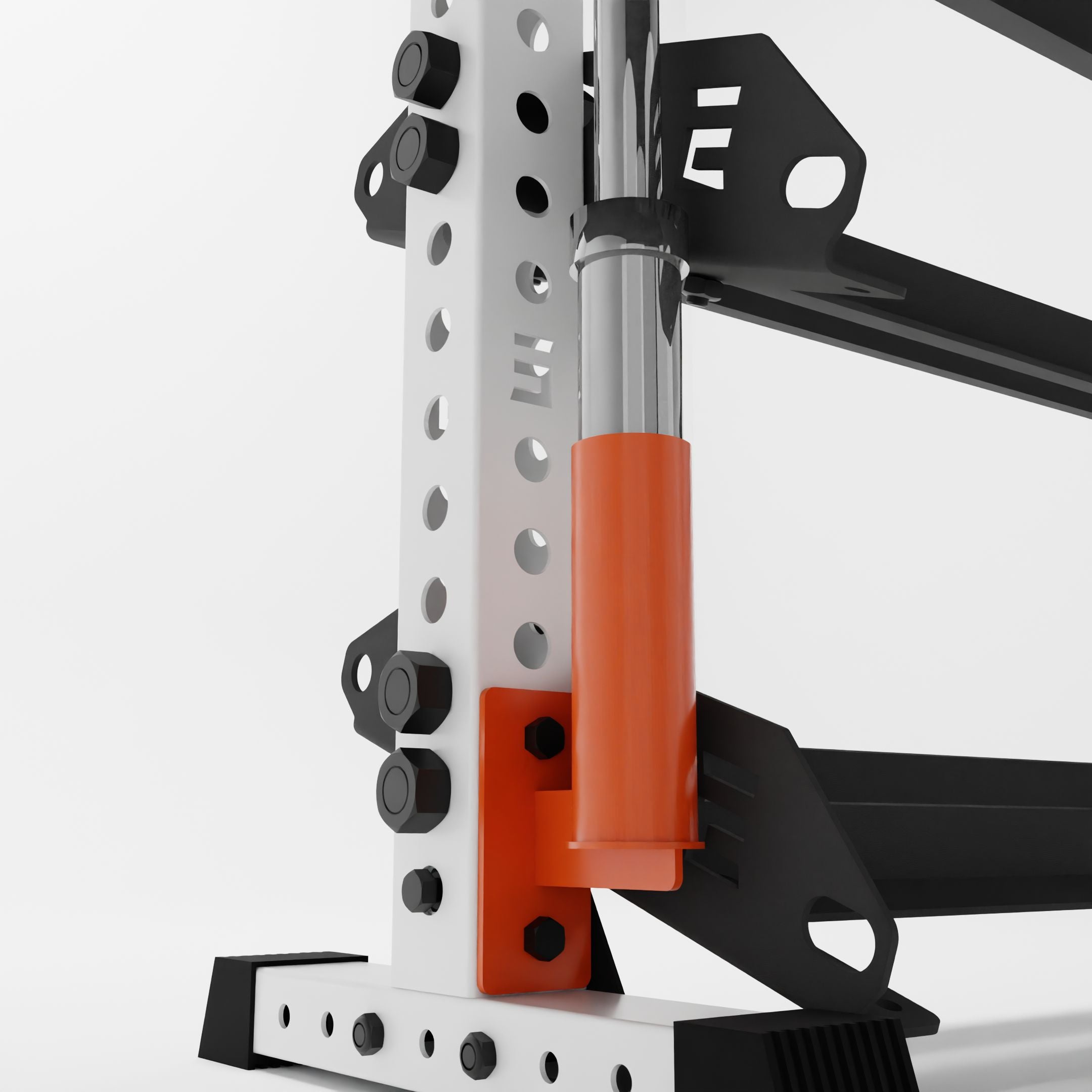 orange barbell holder attachment for a 3x3 upright attached to a horizontal dumbbell rack