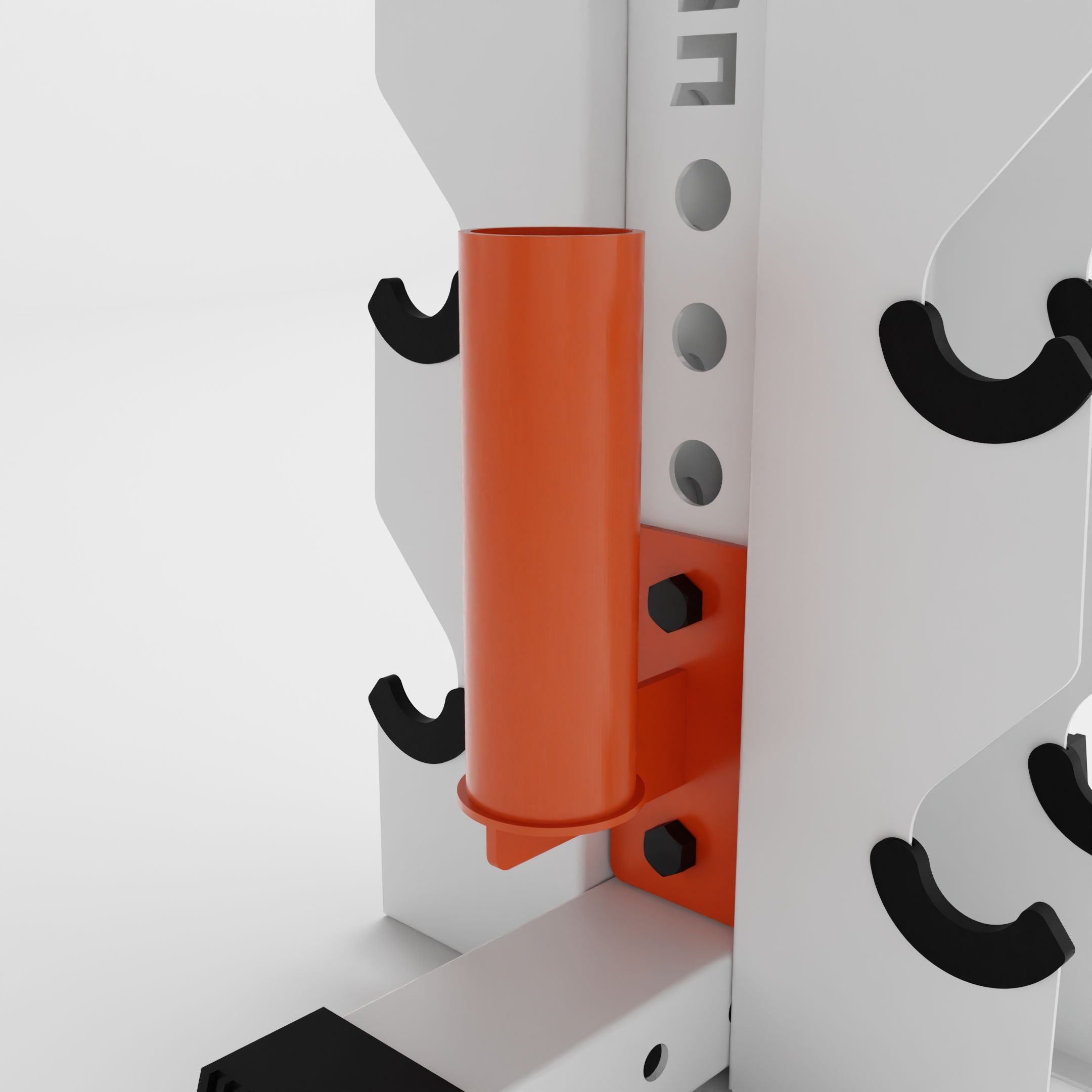 orange barbell holder attachment for a 3x3 upright attached to a vertical dumbbell rack