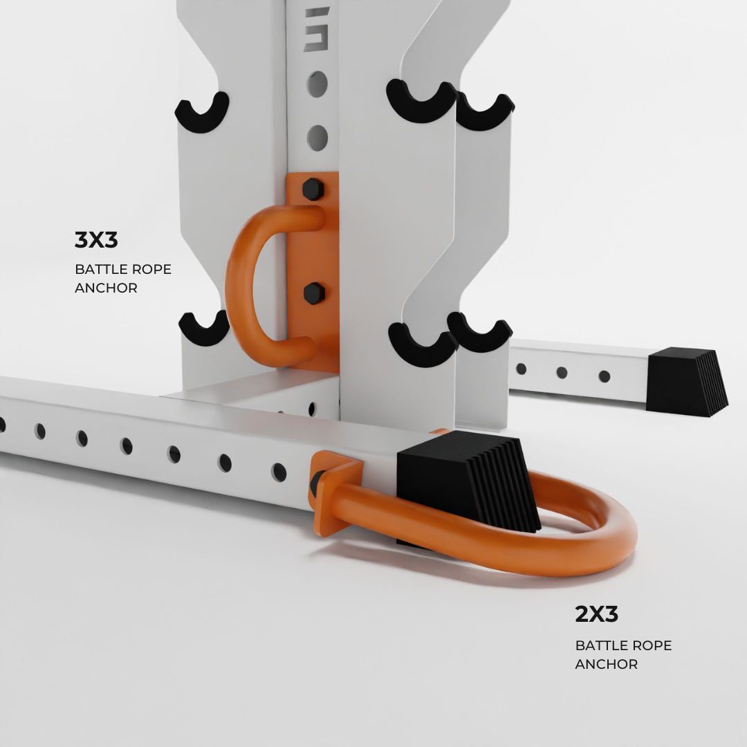 orange battle rope anchors attached to a rack base
