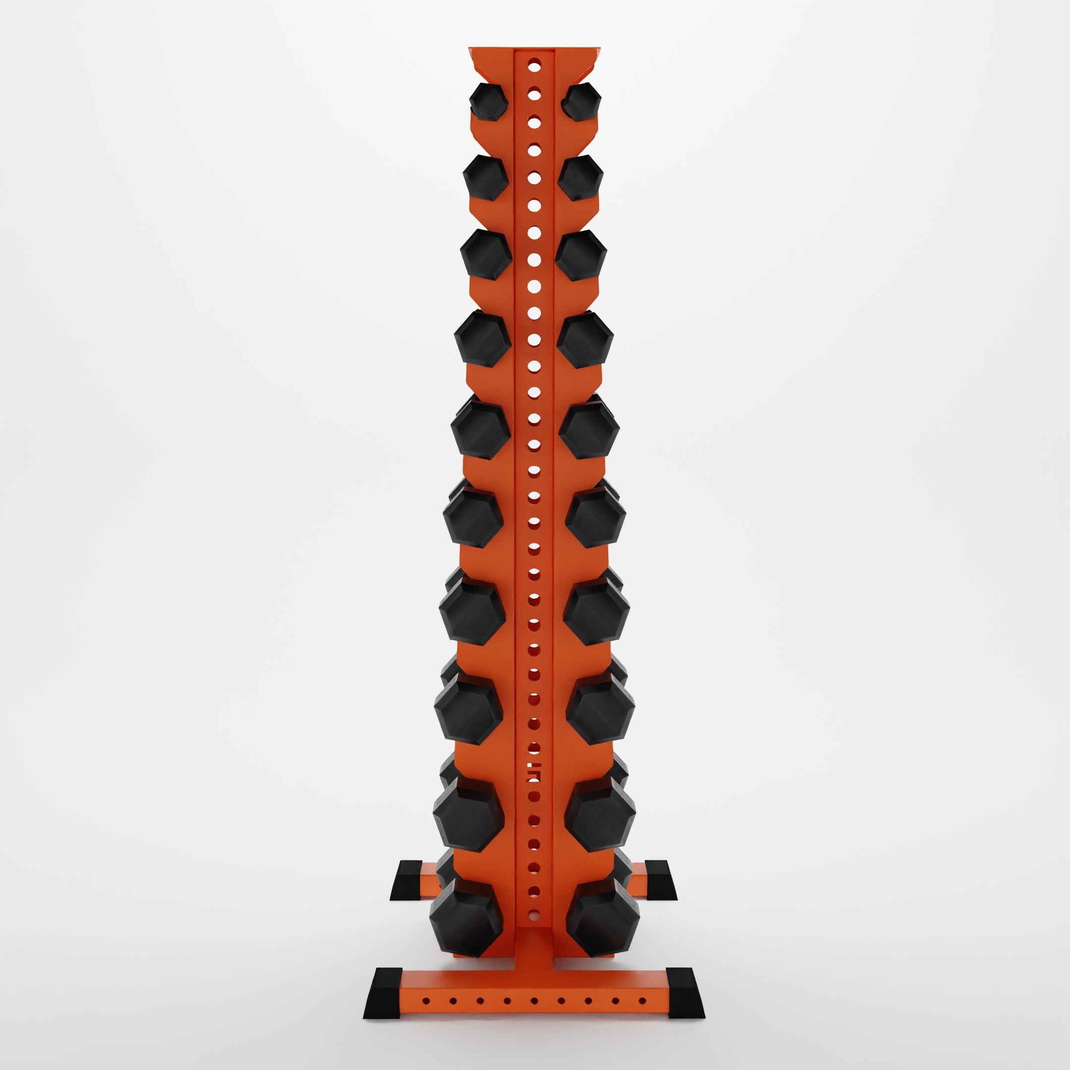 orange delta 10-tier vertical dumbbell storage rack storing hex dumbbells