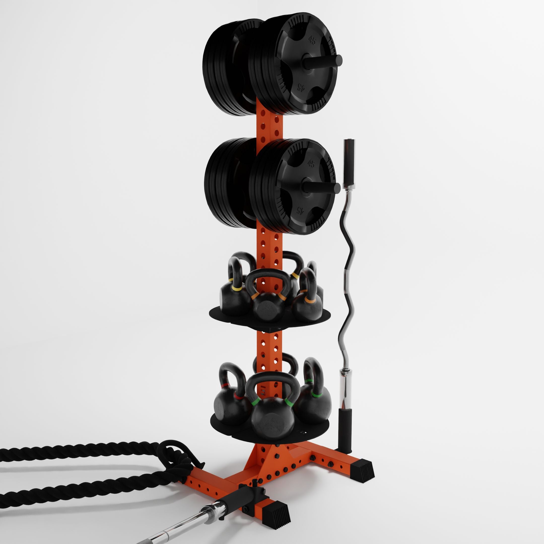 orange delta pk vertical hybrid weight plate and kettlebell storage rack storing weight plates, kettlebells, barbells, and a battle rope using storage attachment accessories