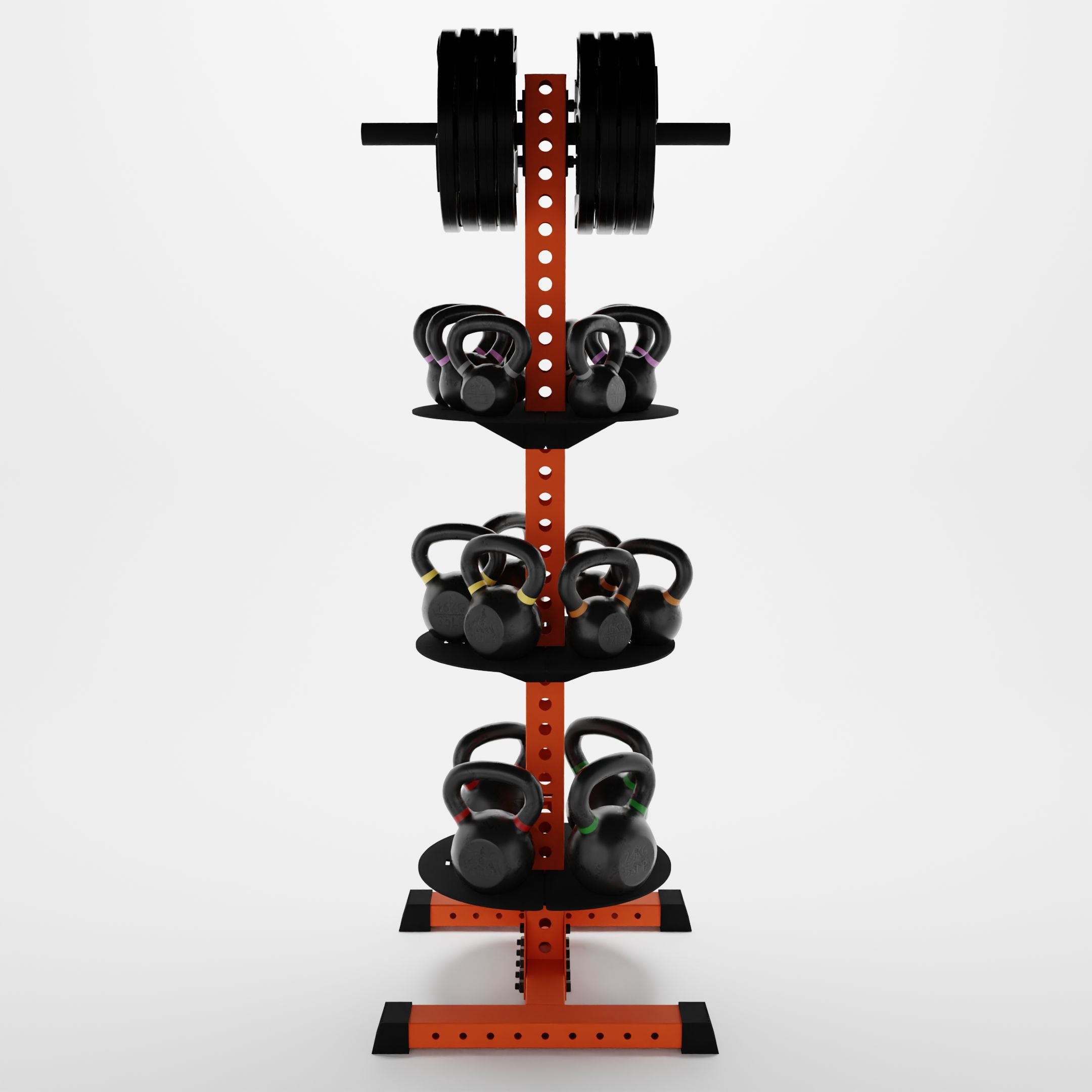 orange delta pk vertical hybrid weight plate and kettlebell storage rack storing weight plates and kettlebells