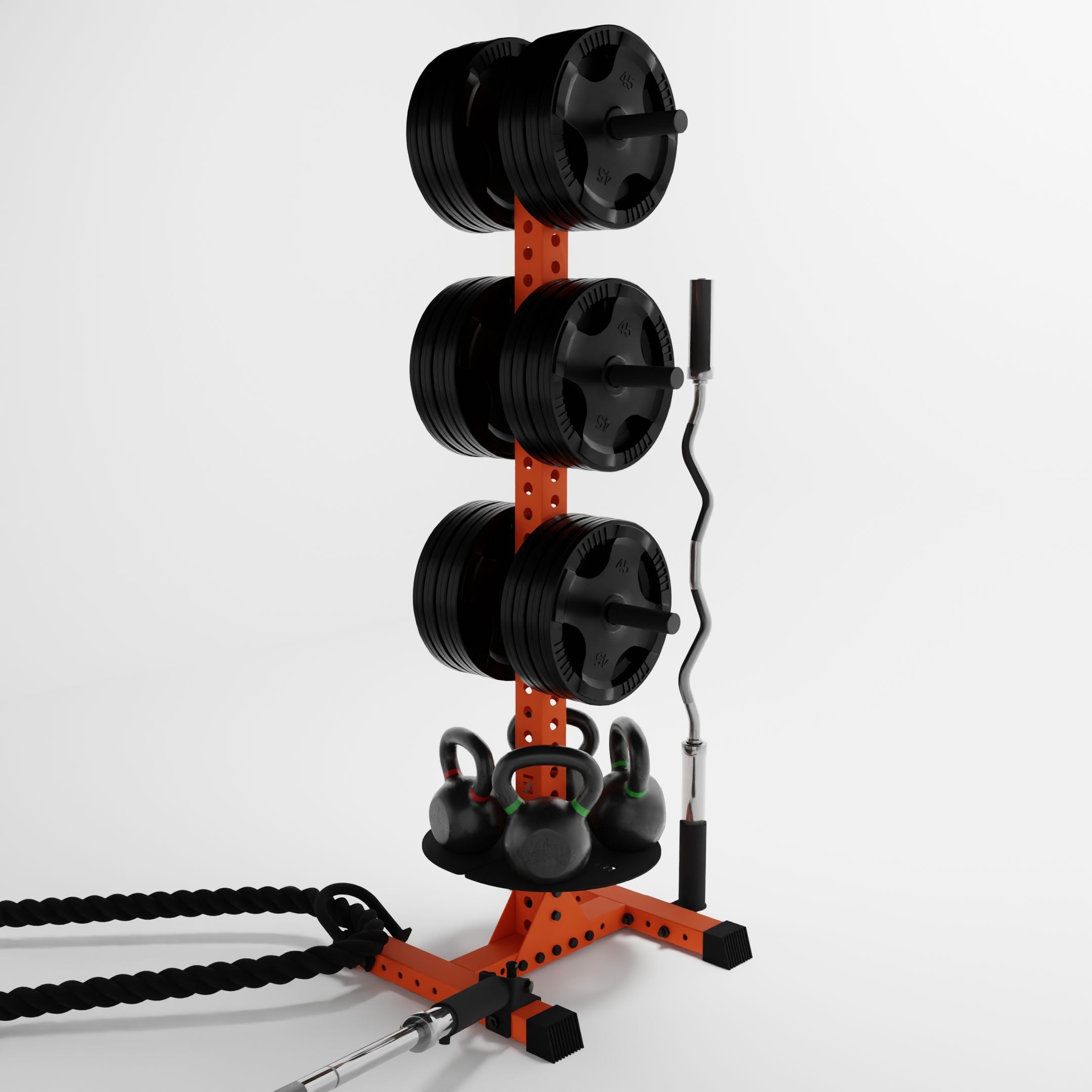 orange delta pk vertical hybrid weight plate and kettlebell storage rack storing weight plates, kettlebells, barbells, and a barbell using storage attachment accessories