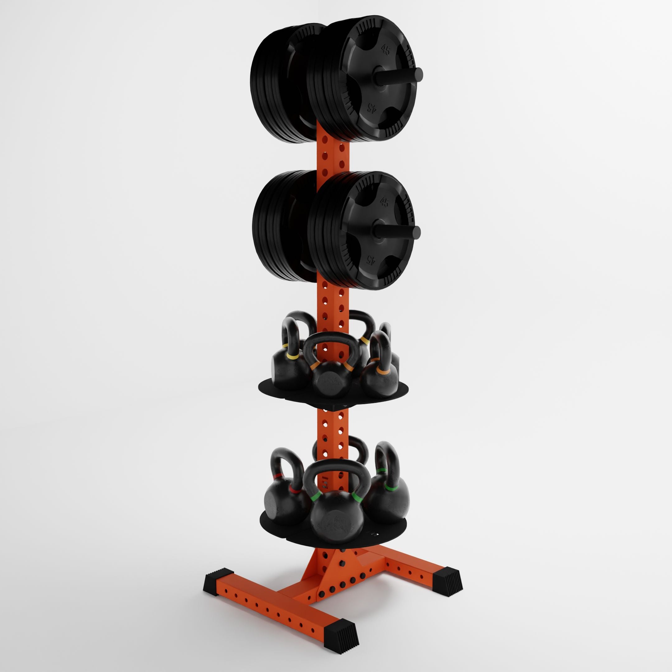 orange delta pk vertical hybrid weight plate and kettlebell storage rack storing weight plates and kettlebells side view
