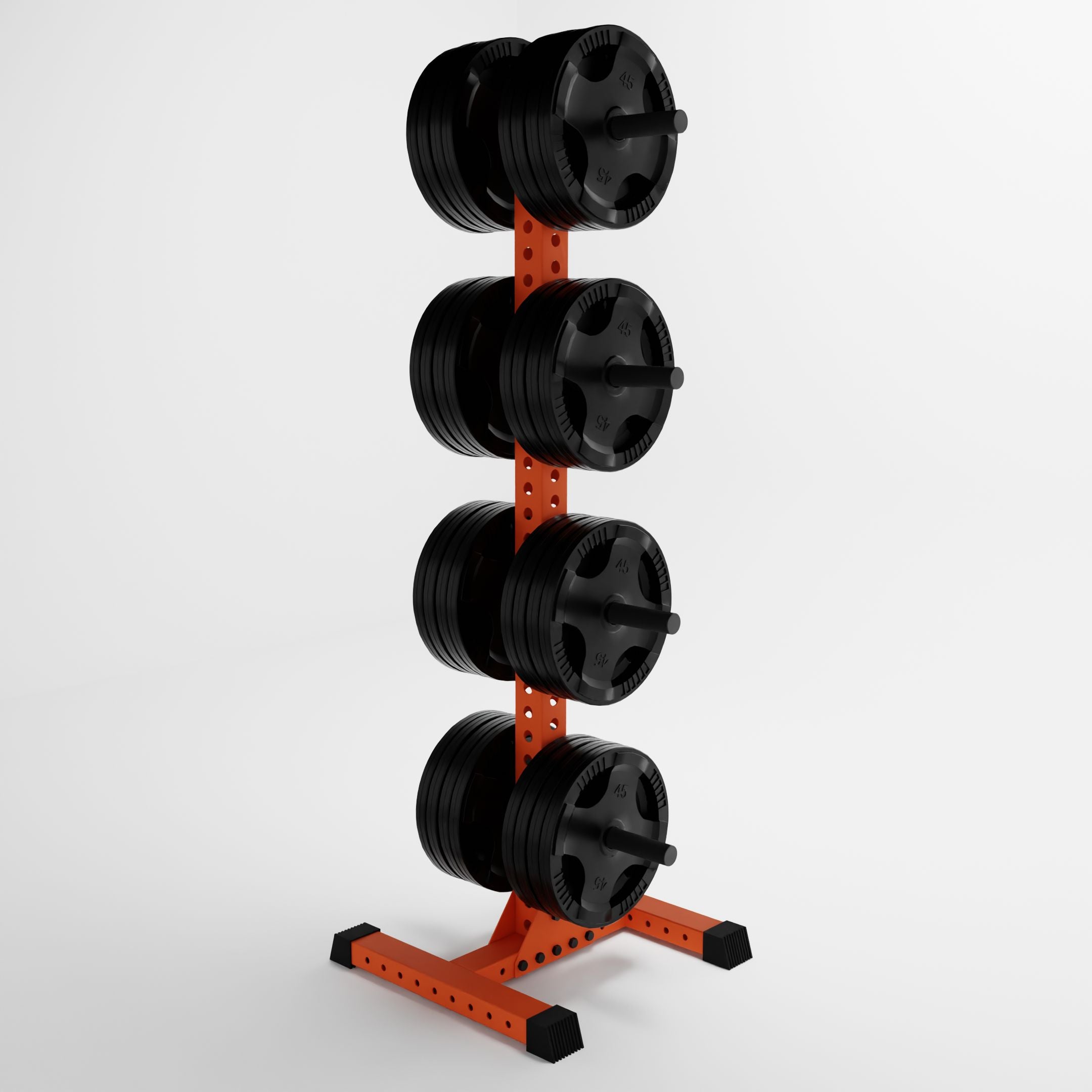 orange delta 4-tier vertical weight plate tree storing weight plates side view