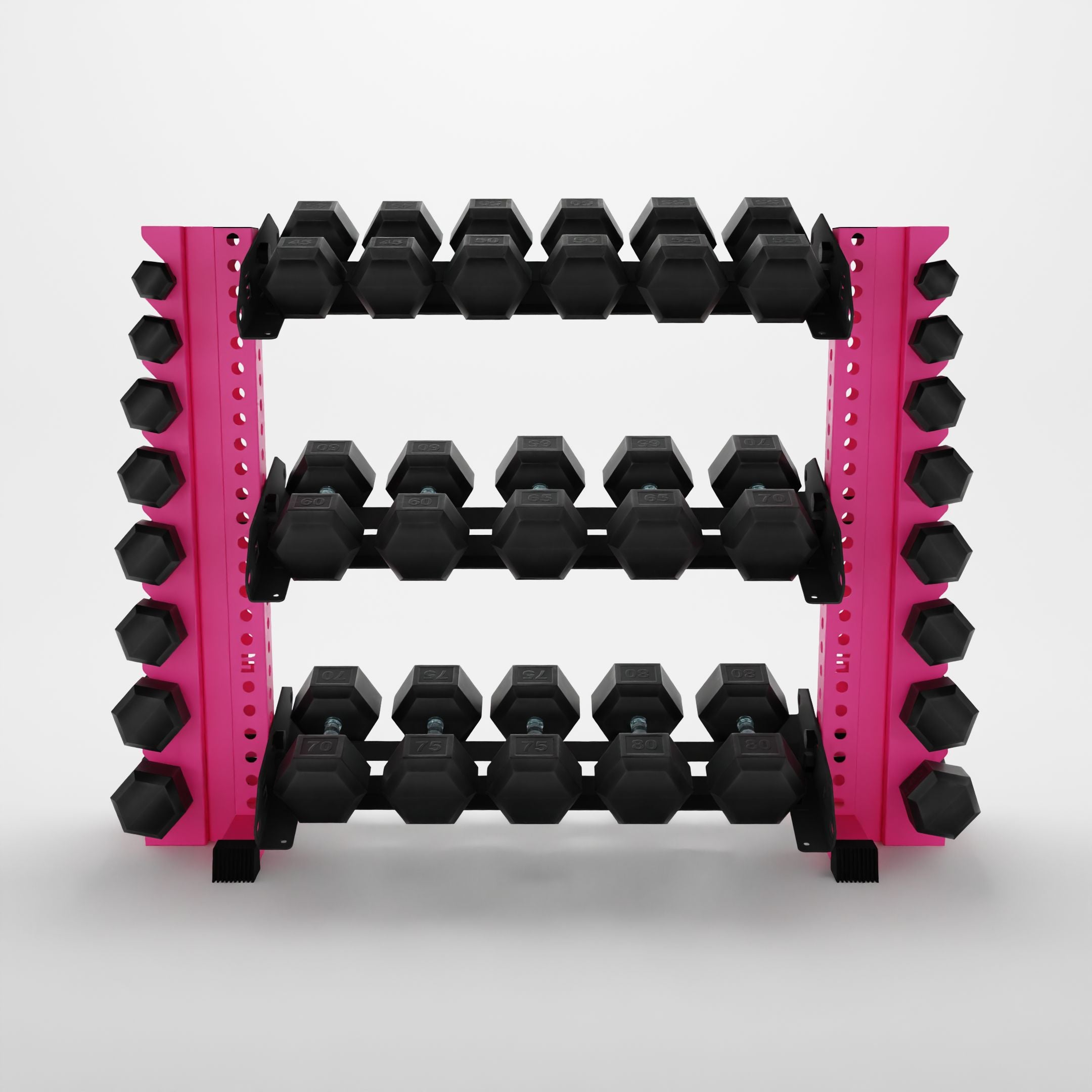 pink 43-inch alpha 3-tier horizontal dumbbell with vertical add-ons storing hex dumbbells