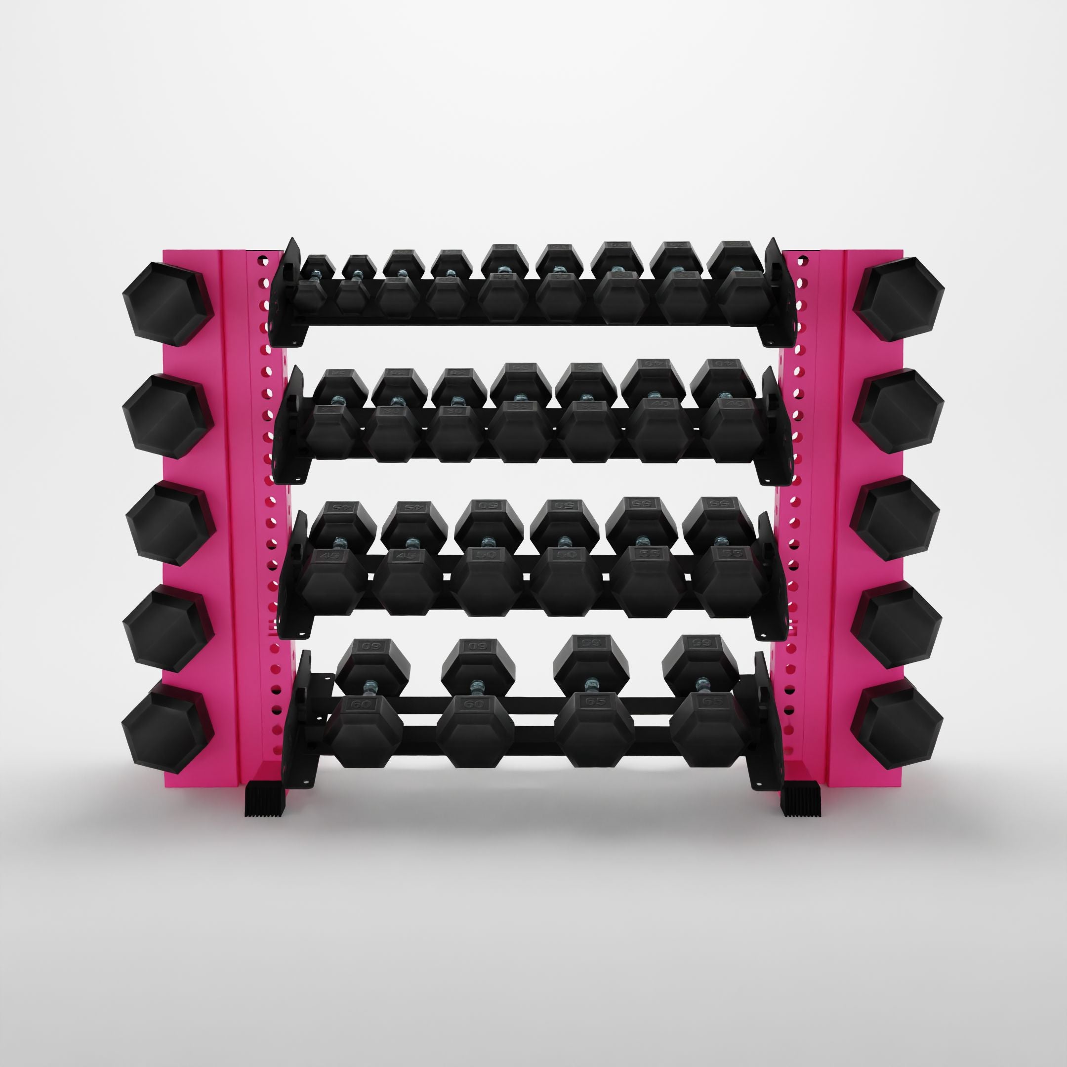 pink 43-inch alpha 4-tier horizontal dumbbell rack with elite vertical add-ons storing hex dumbbells