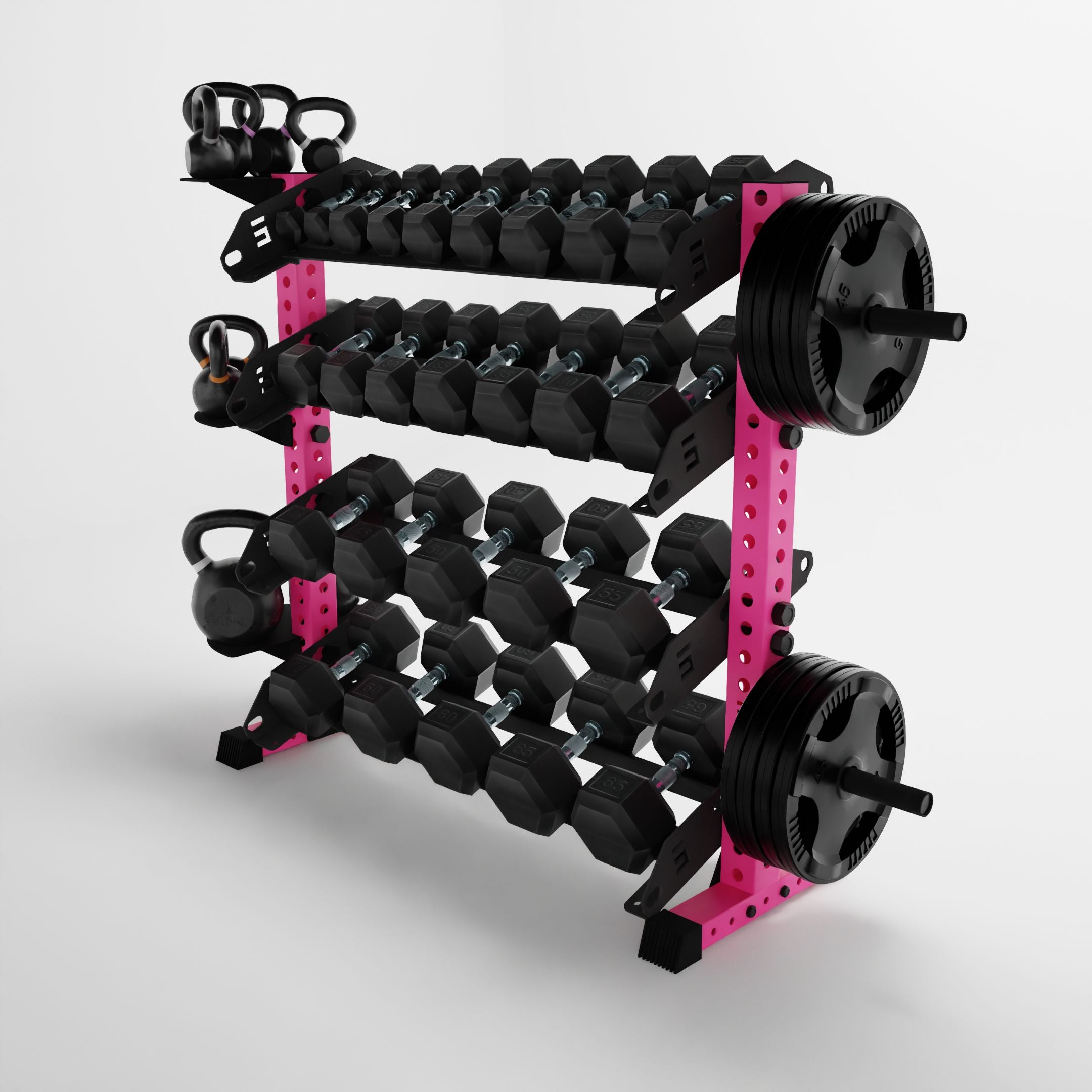 pink 43-inch alpha 4-tier horizontal dumbbell rack storing dumbbells, weight plates, and kettlebells using storage attachment accessories