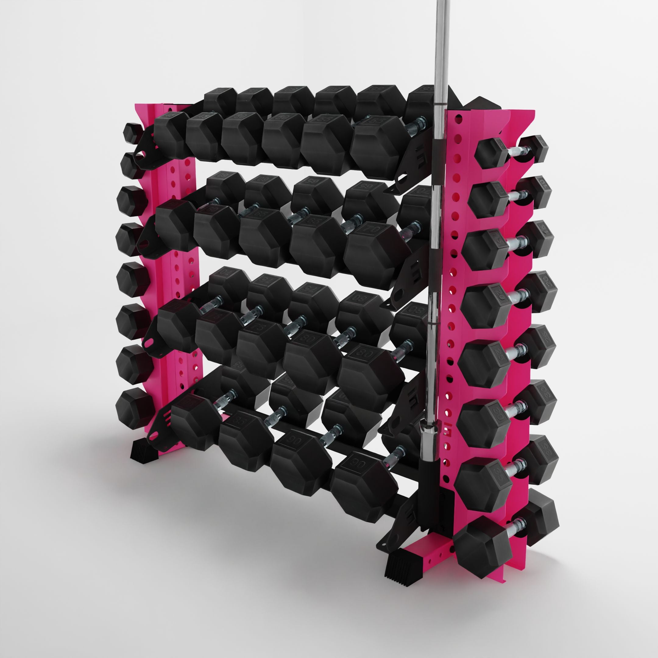 pink 43-inch alpha 4-tier horizontal dumbbell rack with vertical add-ons storing dumbbells and a barbell using a storage attachment accessory