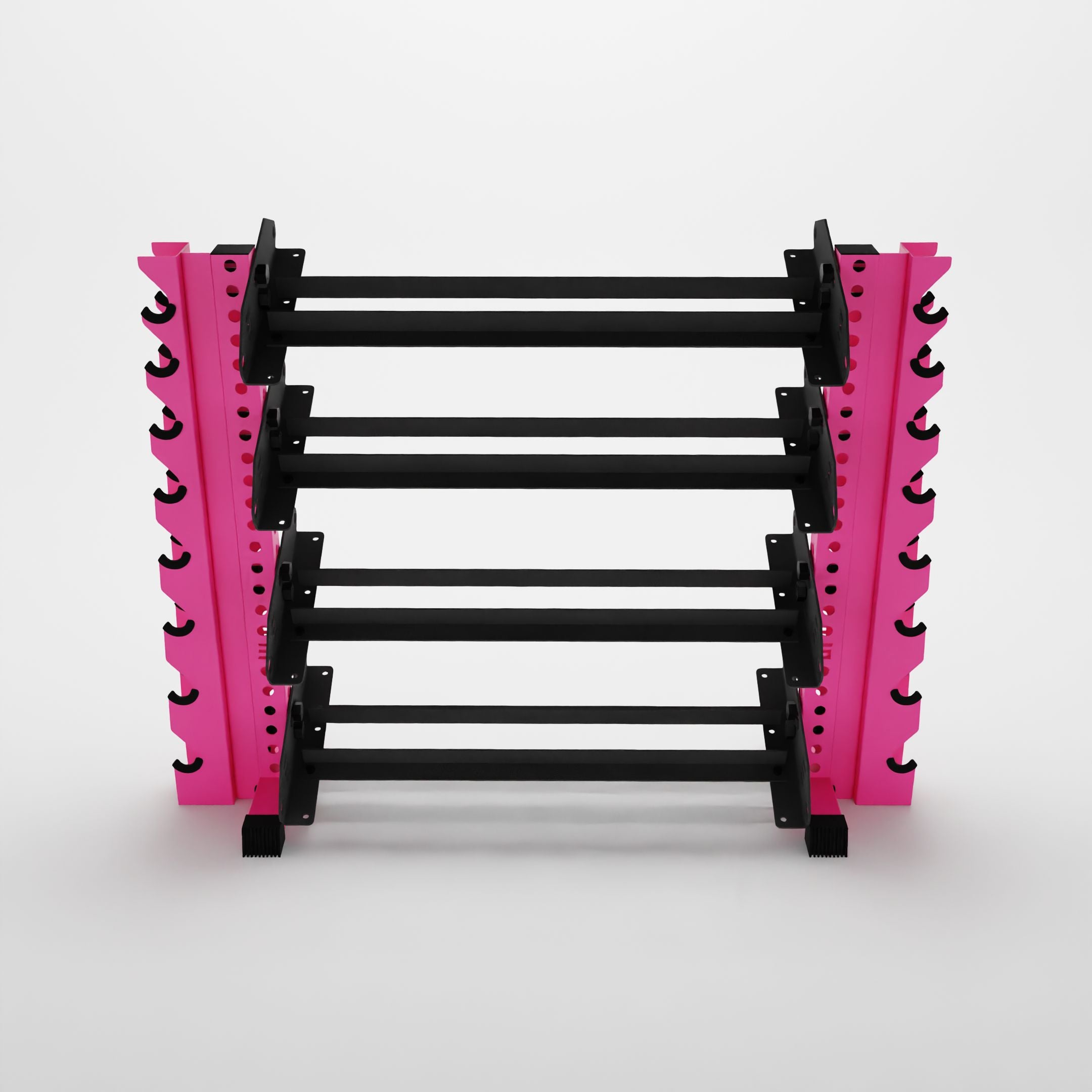 pink 43-inch alpha 4-tier horizontal dumbbell rack with vertical add-ons