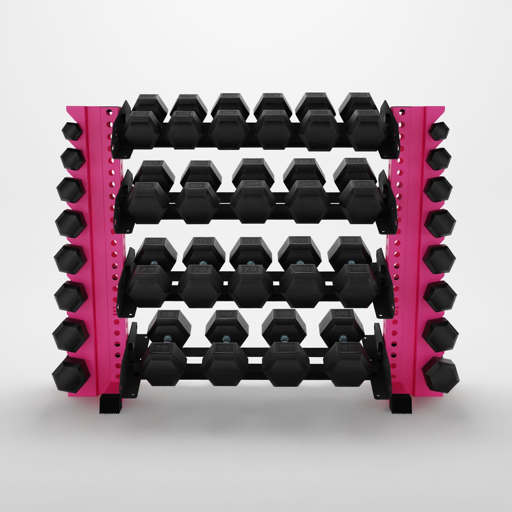 pink 43-inch alpha 4-tier horizontal dumbbell rack with vertical add-ons storing hex dumbbells