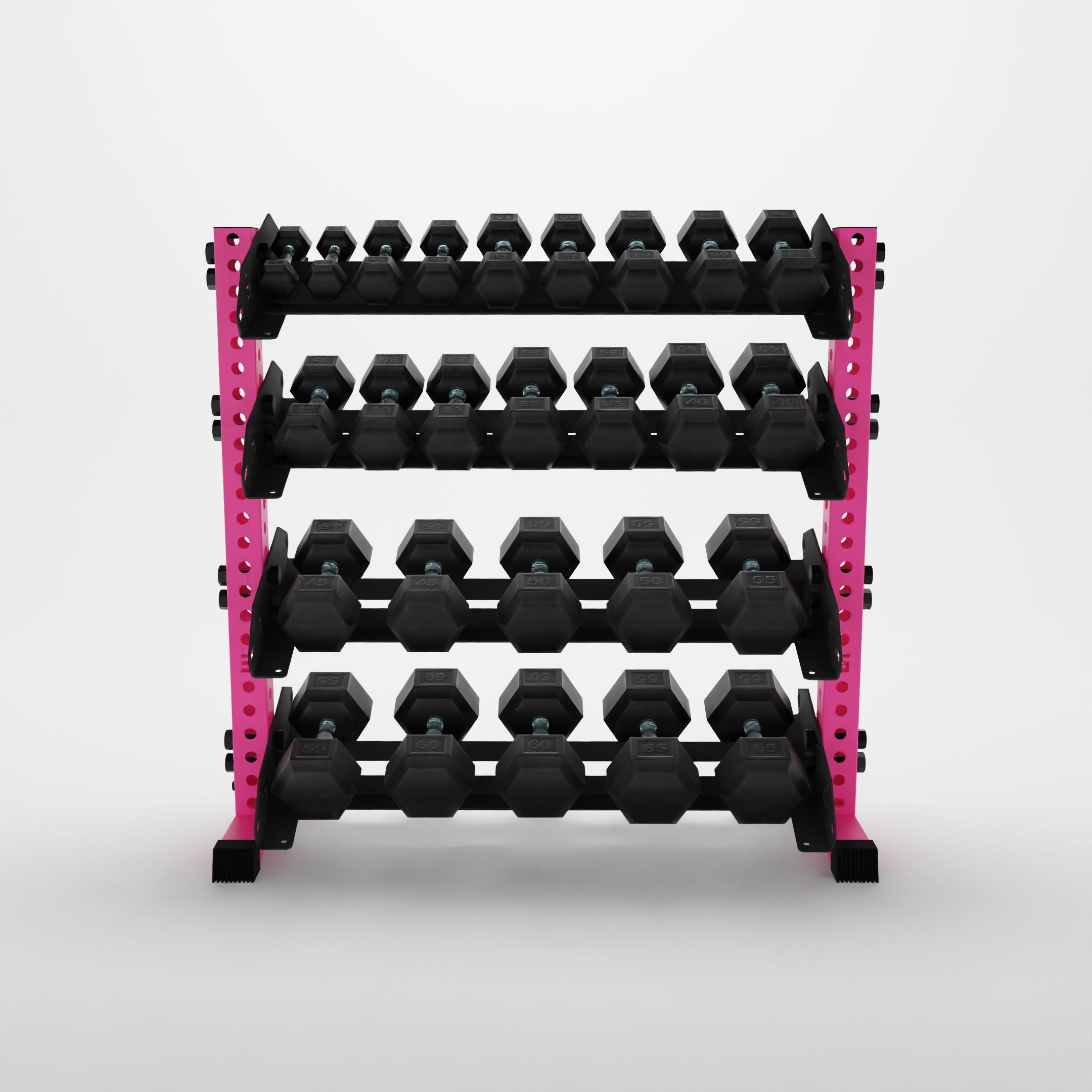 pink 43-inch alpha 4-tier horizontal dumbbell rack storing hex dumbbells