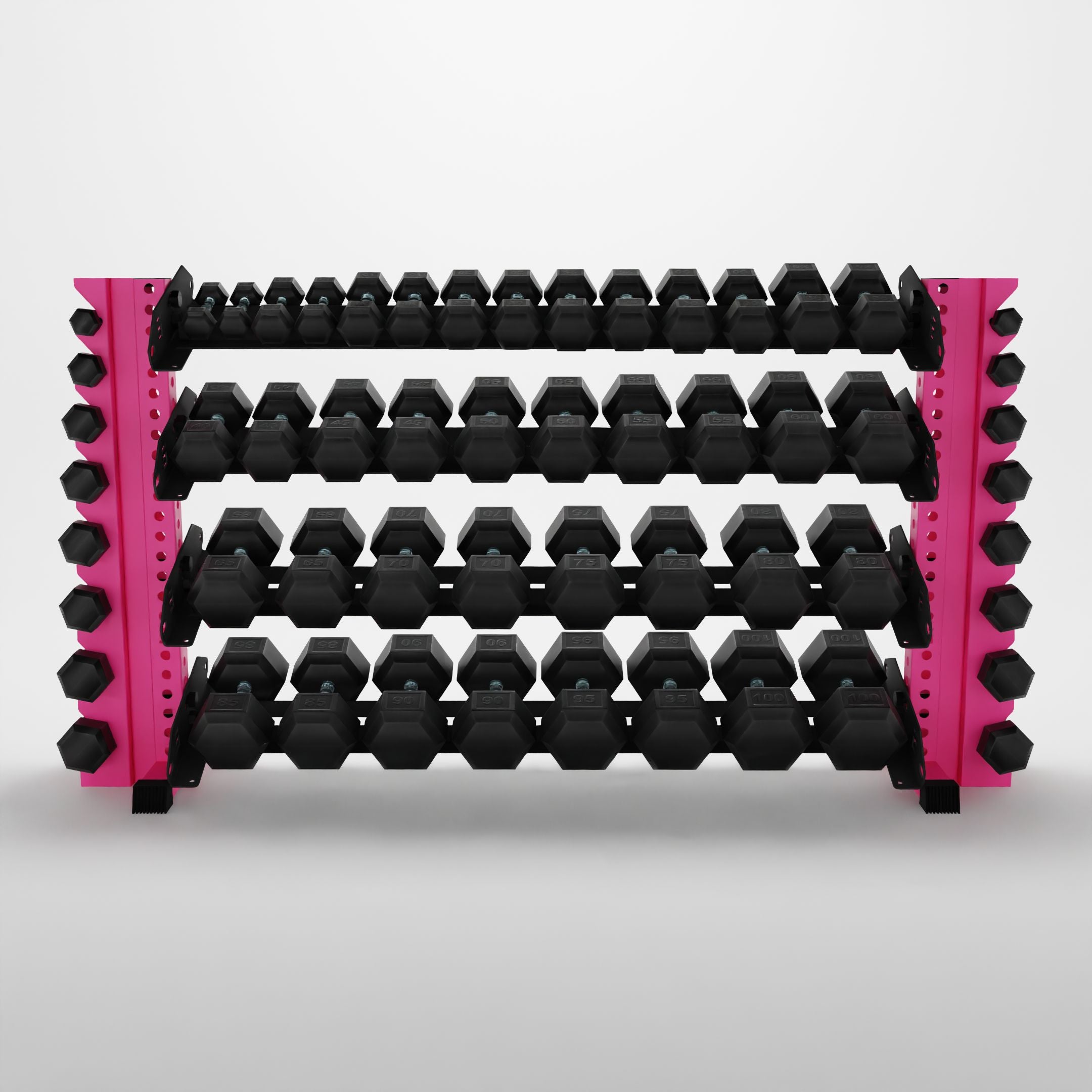 pink 70-inch alpha 4-tier horizontal dumbbell rack with vertical add-ons storing hex dumbbells