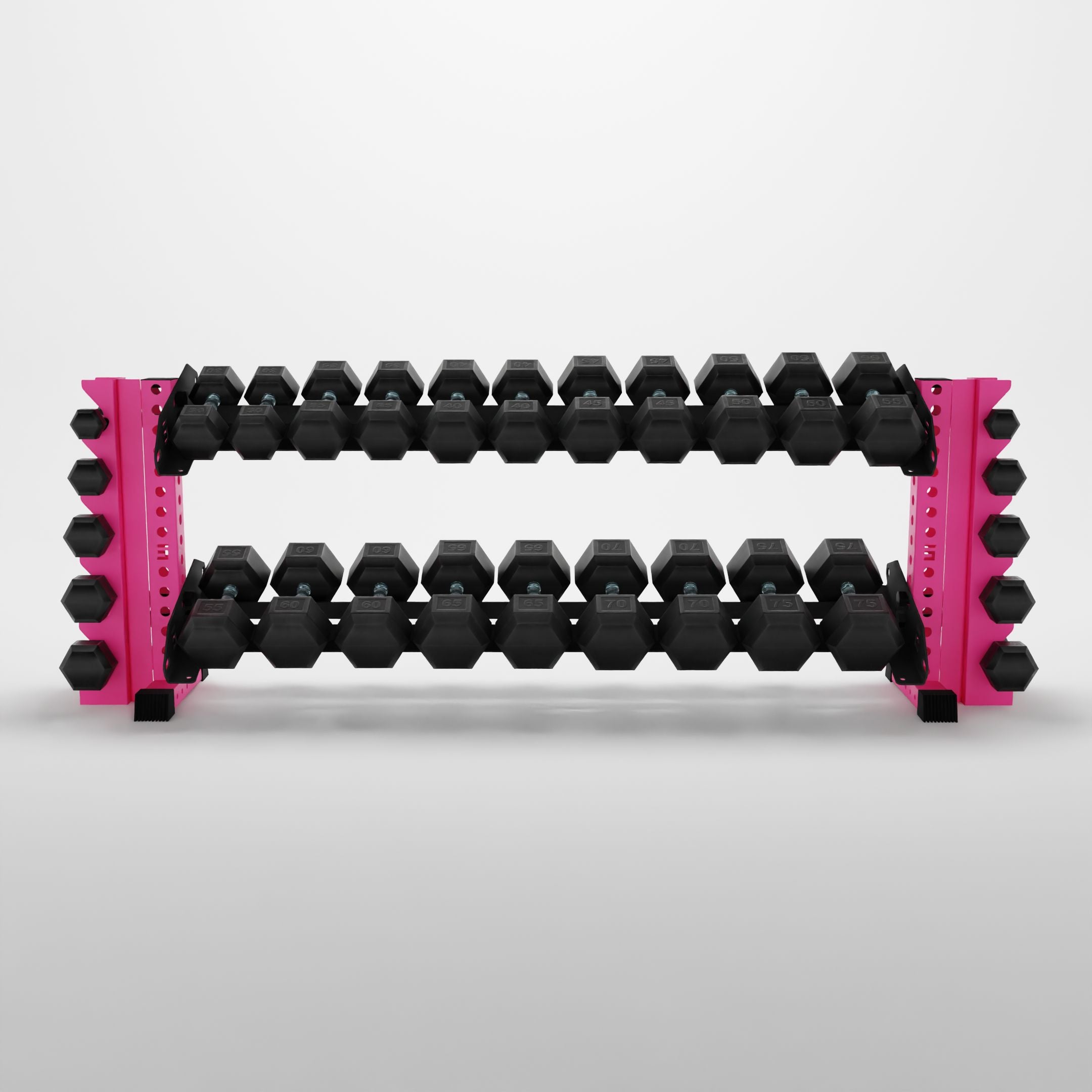 pink 70-inch bravo 2-tier horizontal dumbbell rack with vertical add-ons storing hex dumbbells