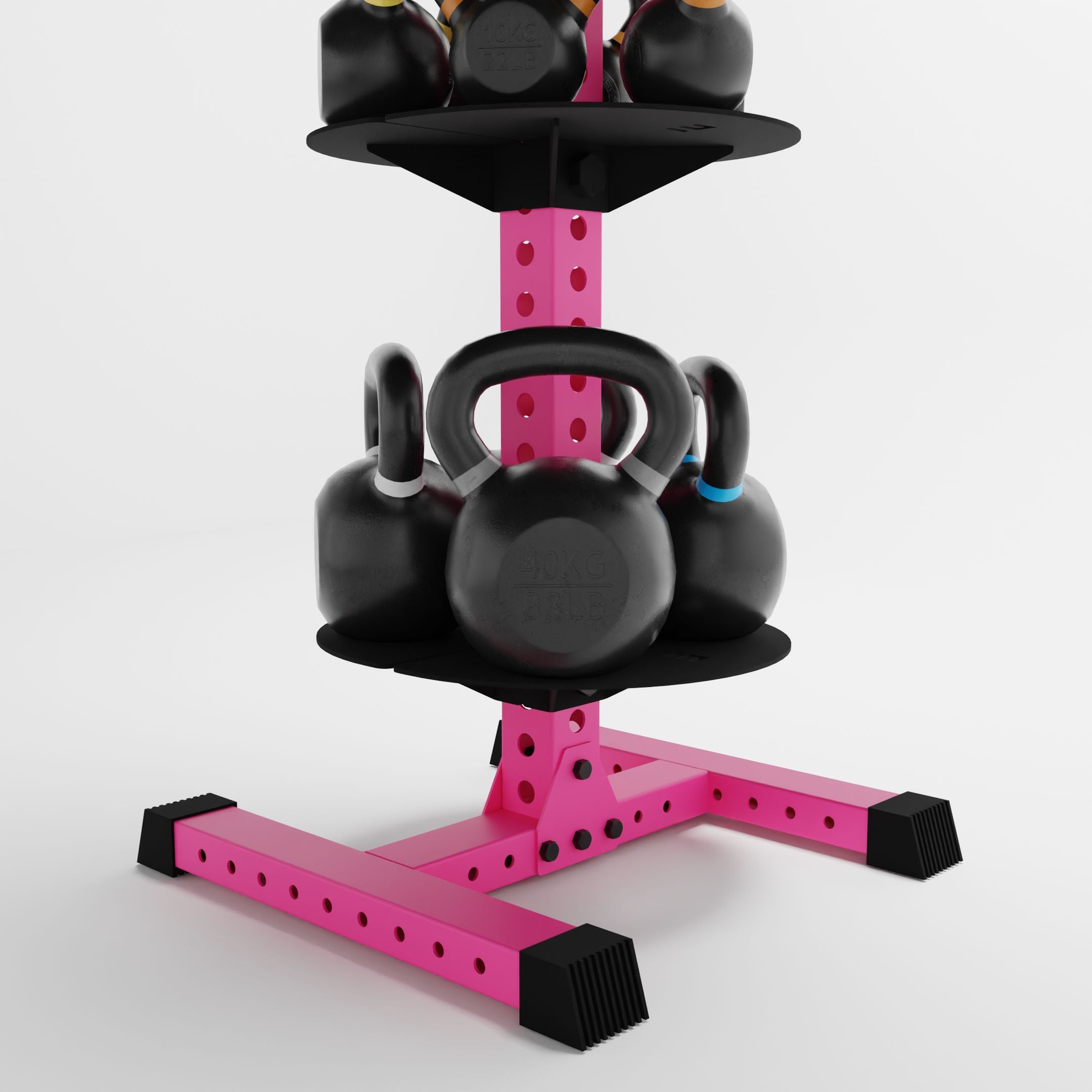 pink alpha 3-tier vertical kettlebell rack base holding kettlebells