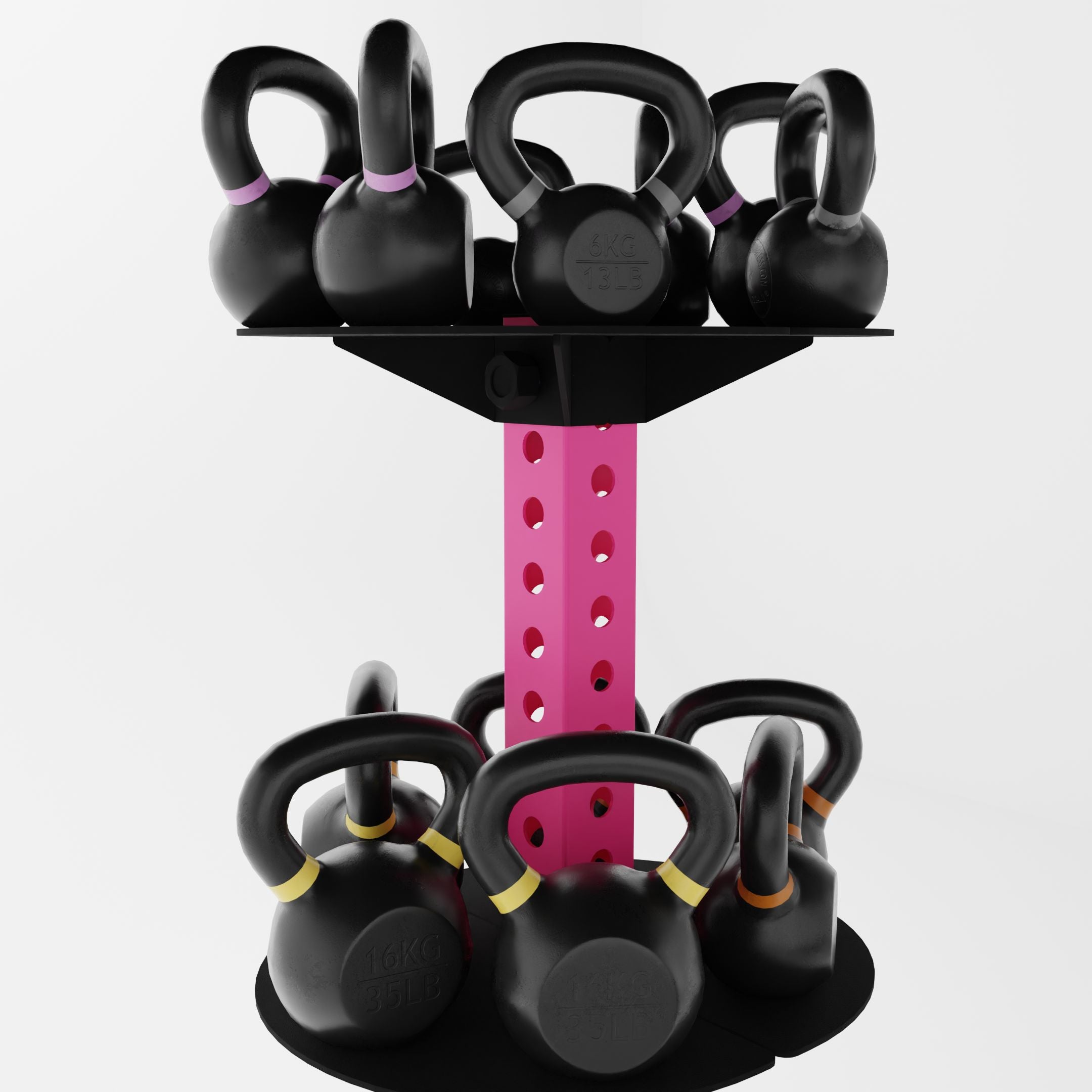 pink alpha vertical kettlebell rack holding kettlebells