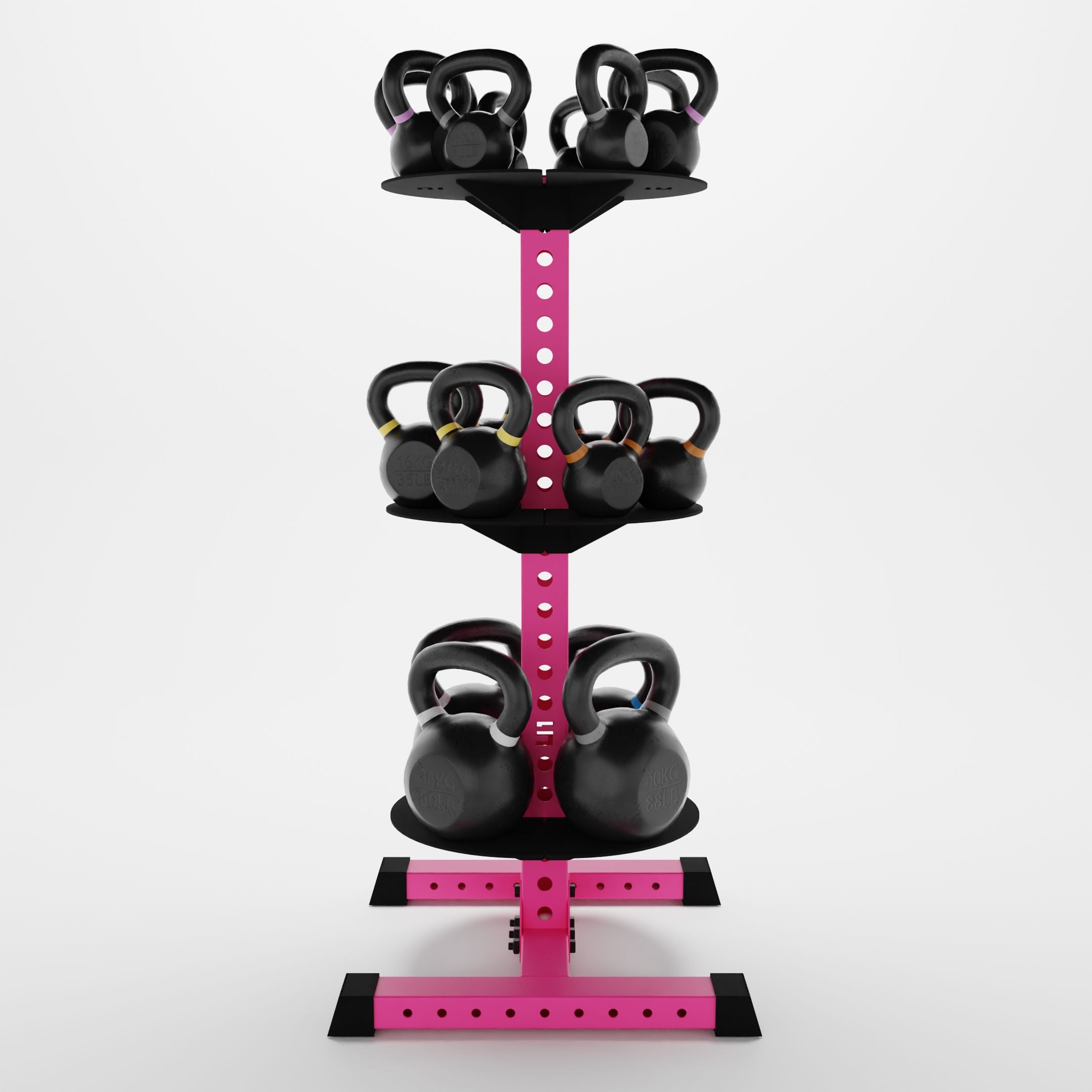 pink alpha 3-tier vertical kettlebell rack holding kettlebells