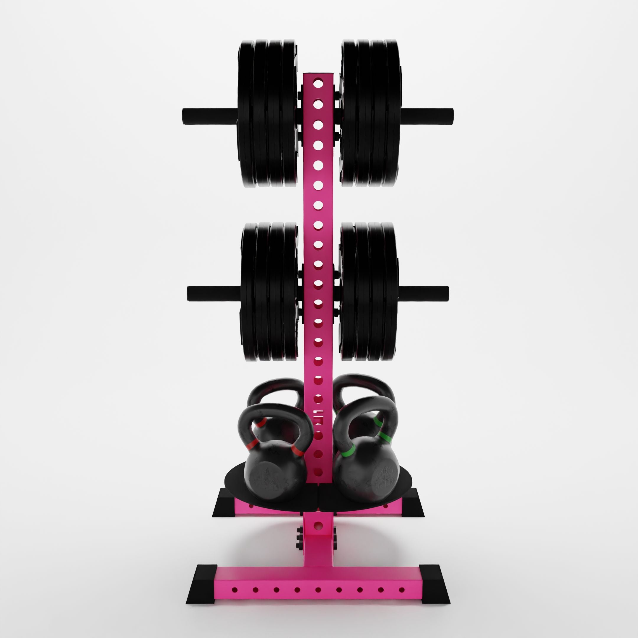 pink alpha pk vertical hybrid plate and kettlebell storage rack storing plates and kettlebells