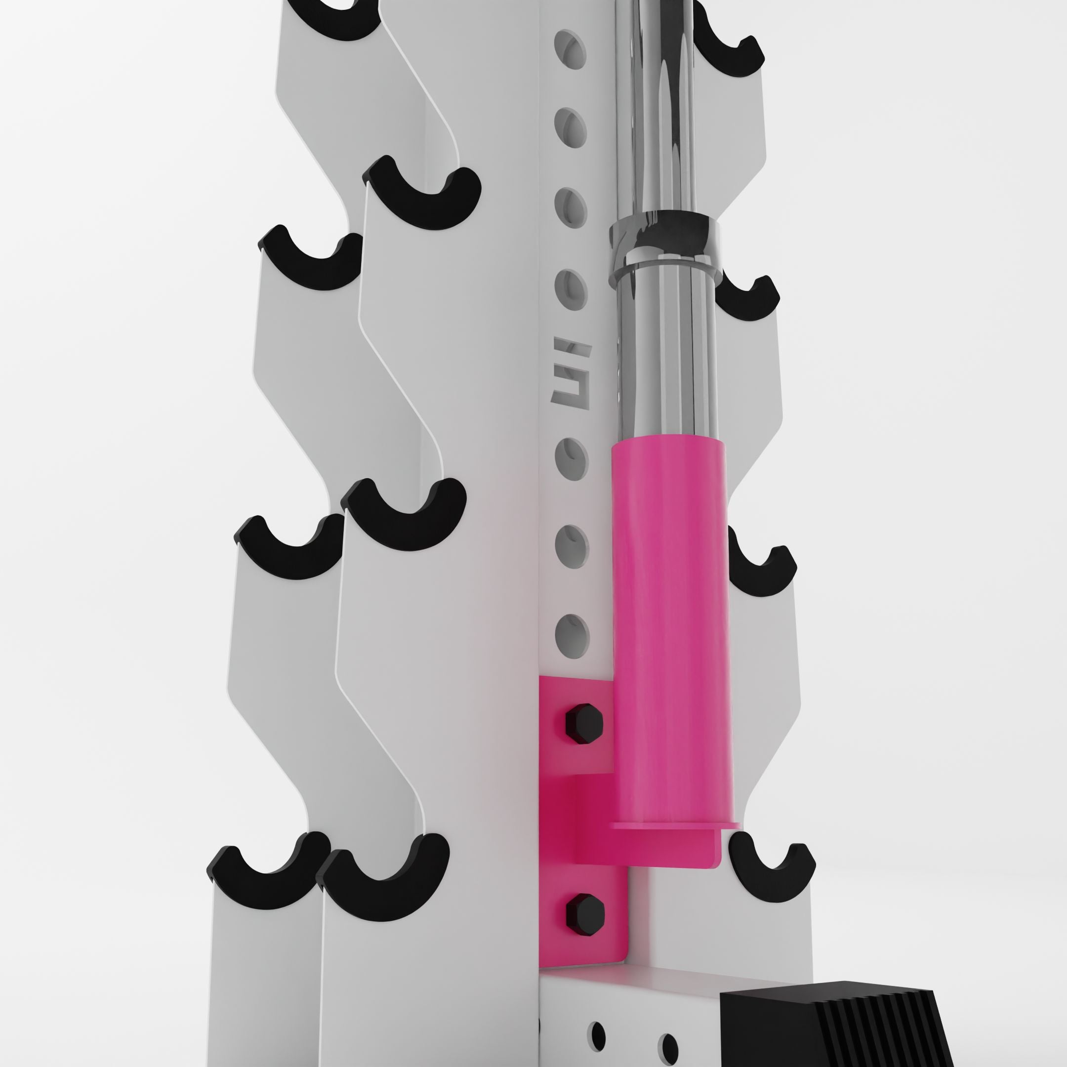 pink barbell holder attachment for a 3x3 upright holding a barbell