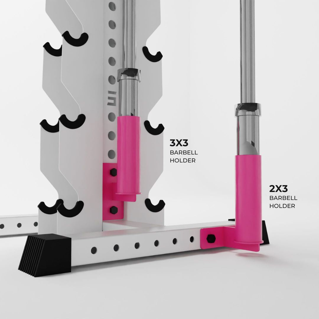 two pink barbell holder attachments holding barbells