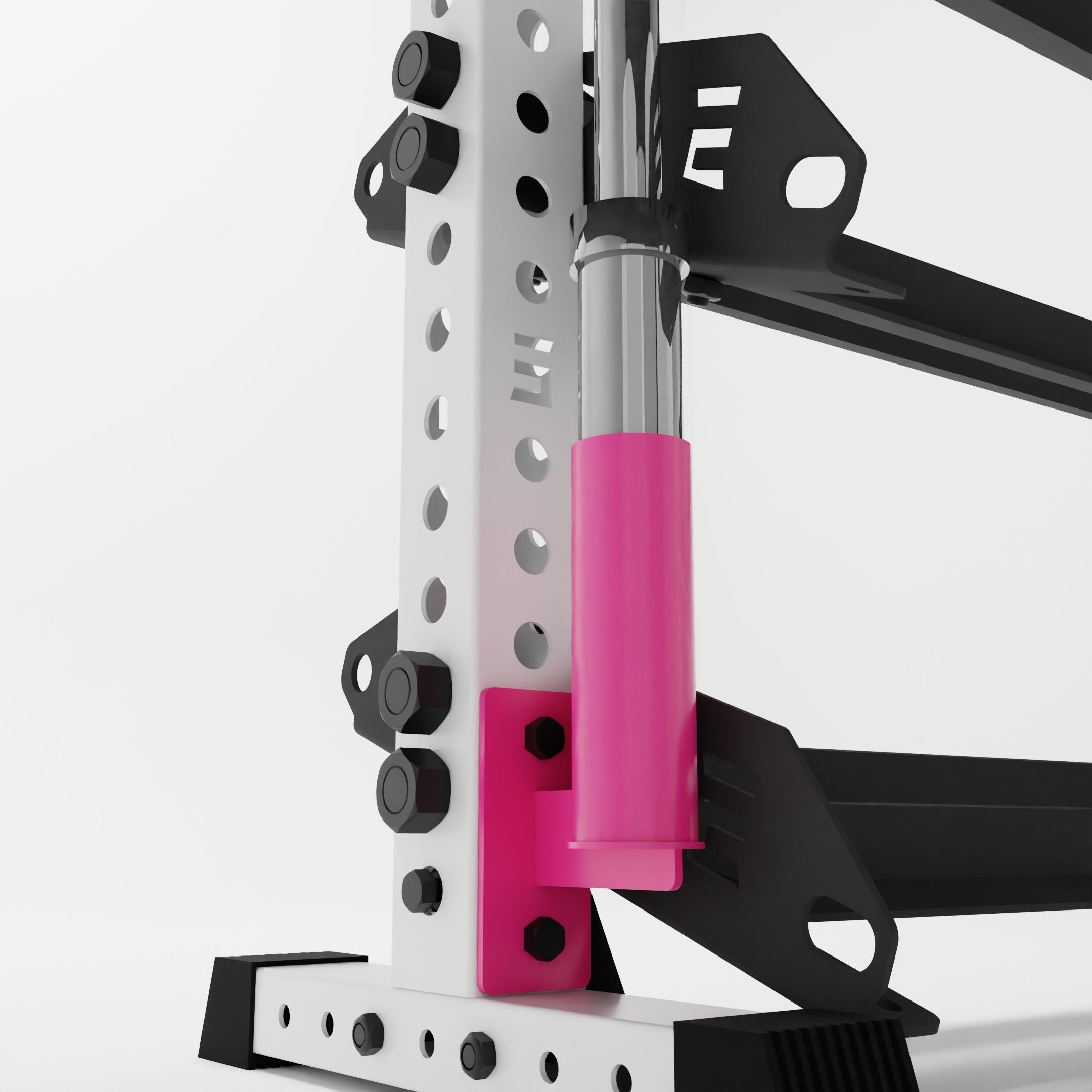 pink barbell holder attachment for a 3x3 upright attached to a horizontal dumbbell rack