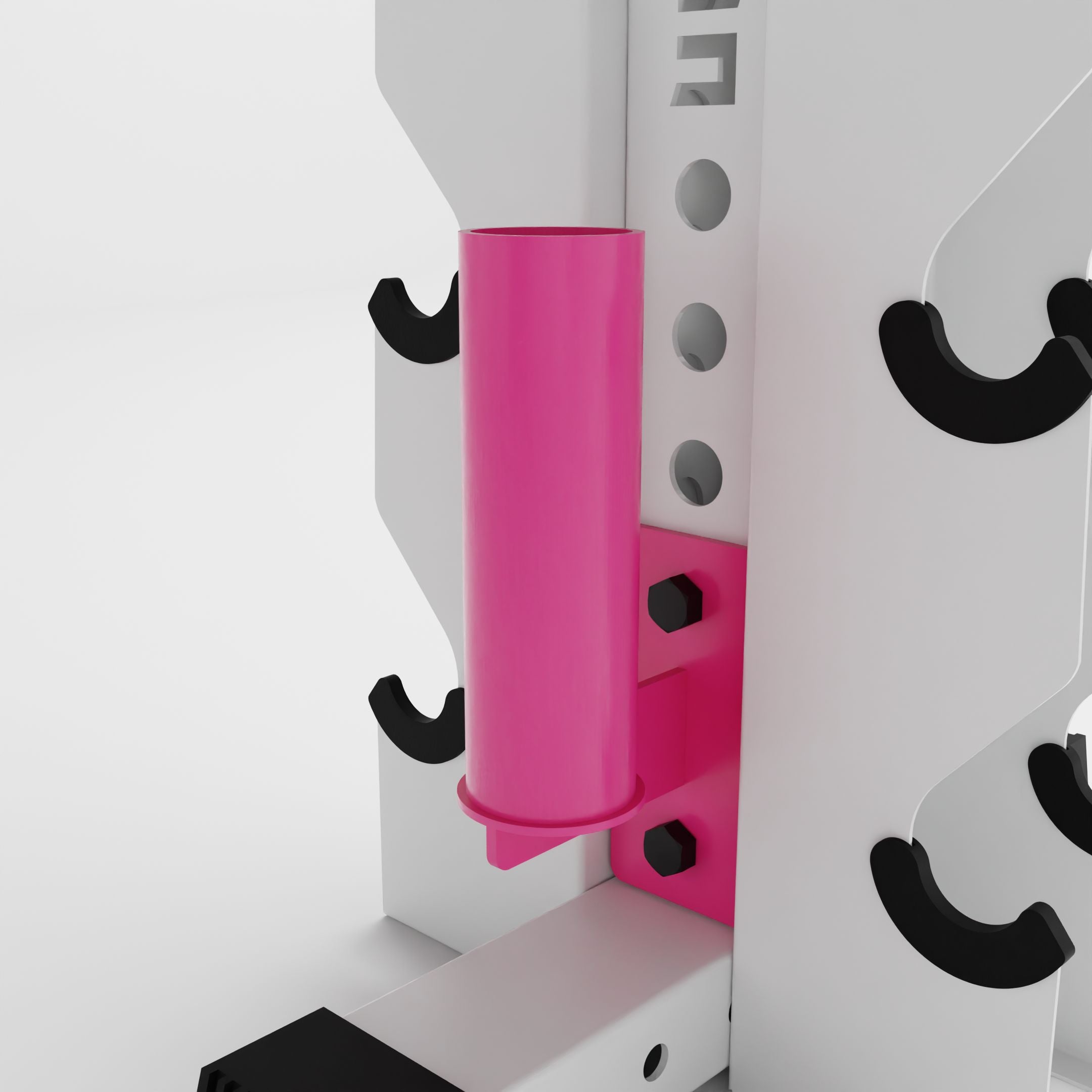 pink barbell holder attachment for a 3x3 upright attached to a vertical dumbbell rack
