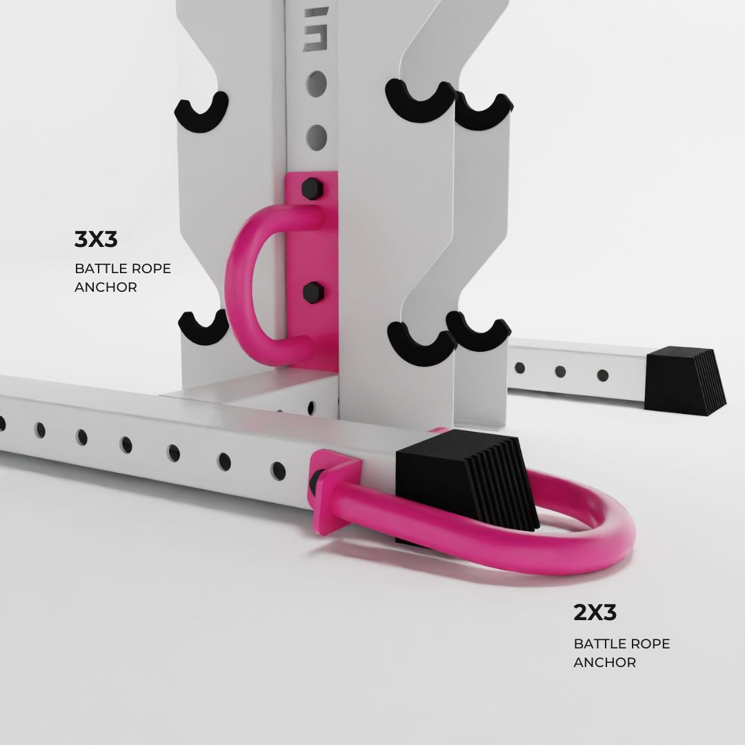 pink battle rope anchors attached to a rack base