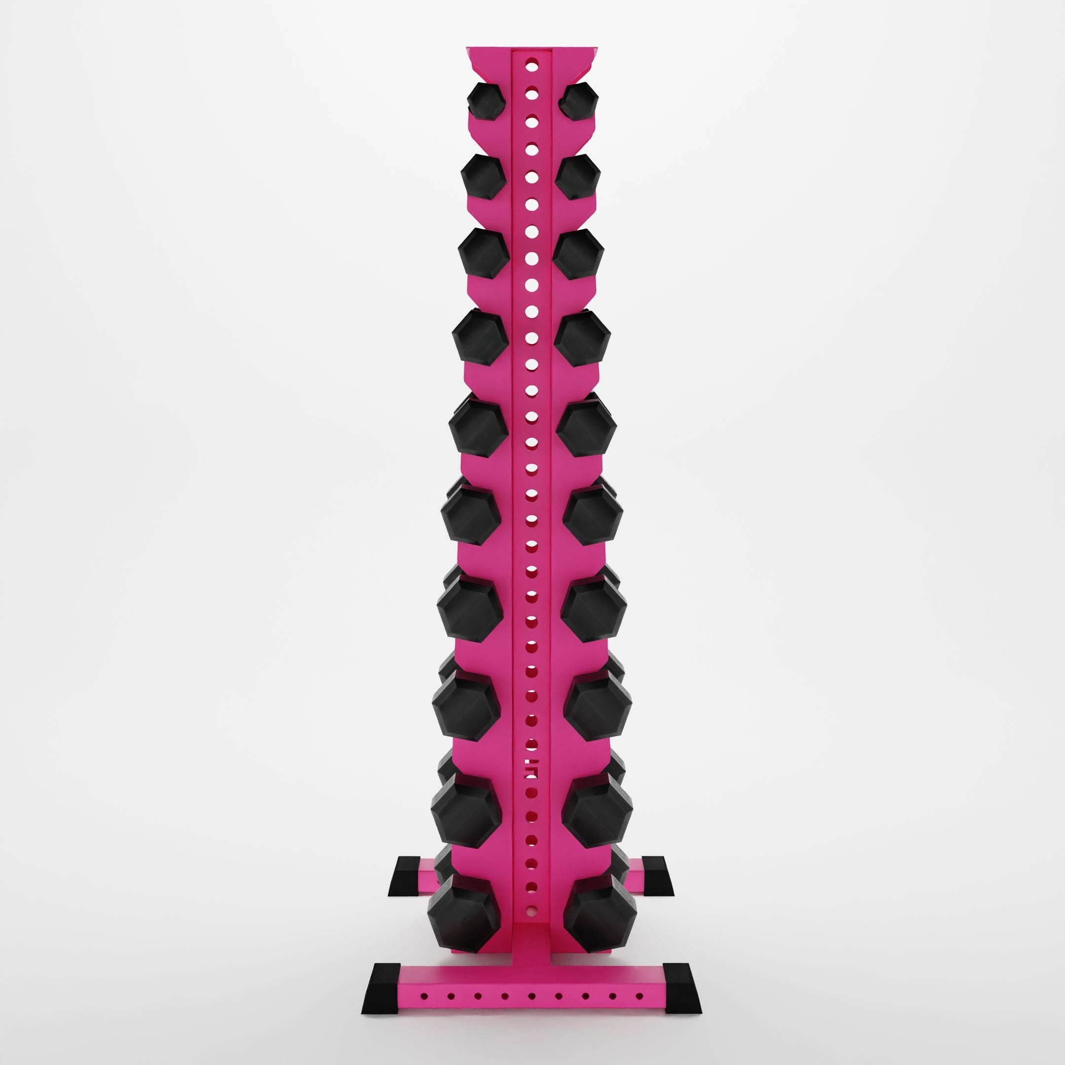 pink delta 10-tier vertical dumbbell storage rack storing hex dumbbells