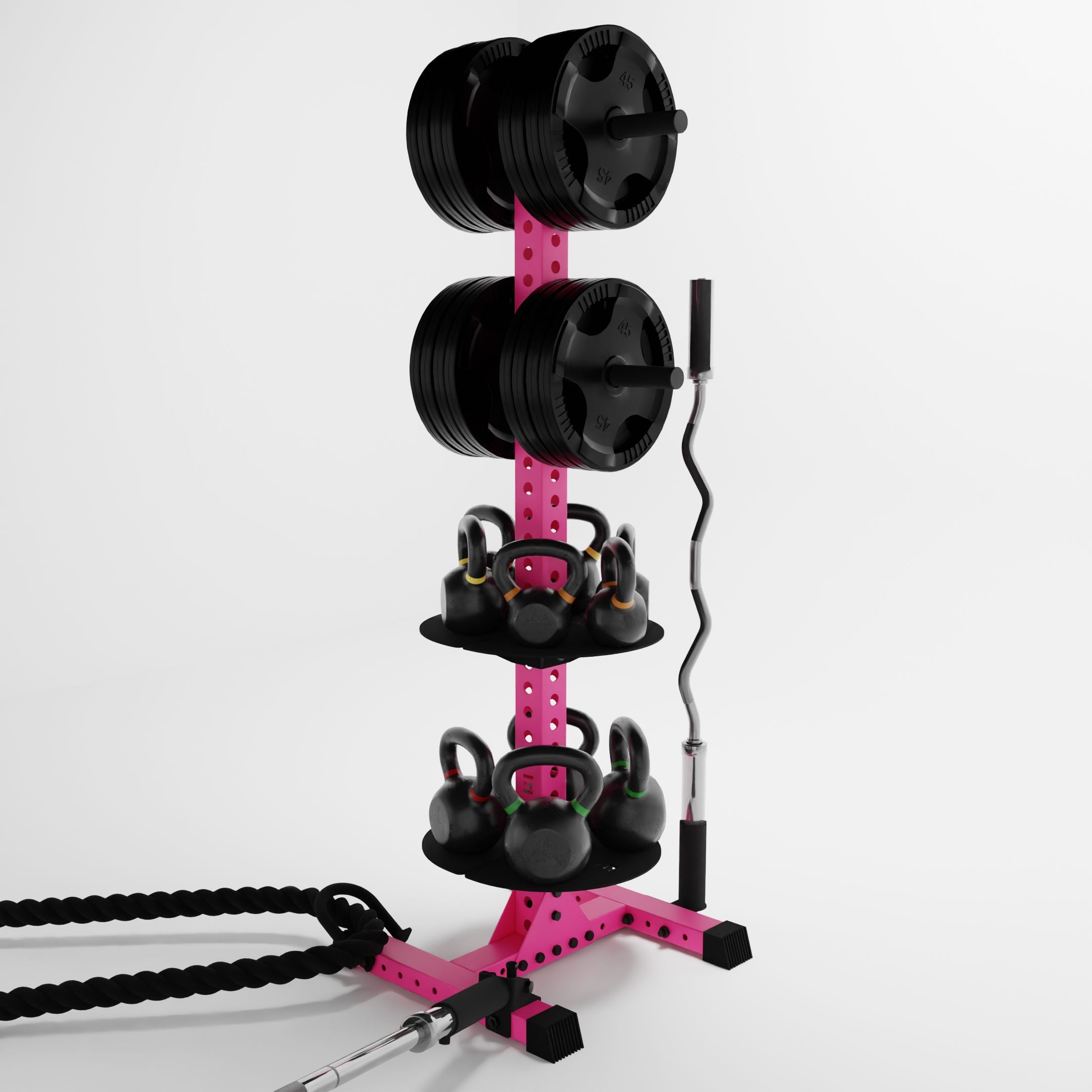 pink delta pk vertical hybrid weight plate and kettlebell storage rack storing weight plates, kettlebells, barbells, and a battle rope using storage attachment accessories