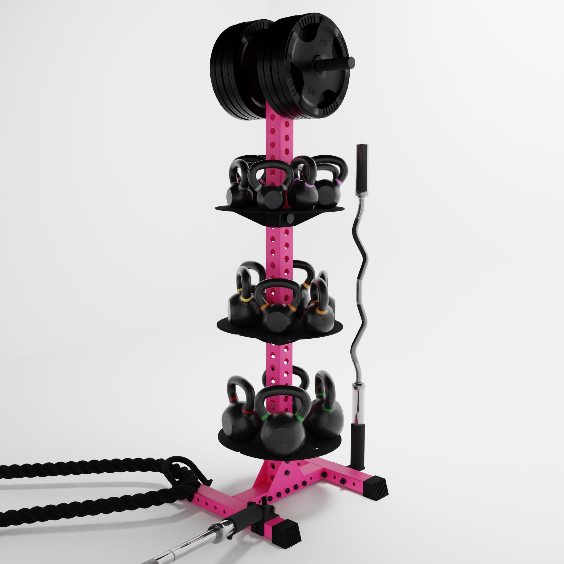 pink delta pk vertical hybrid weight plate and kettlebell storage rack storing weight plates, kettlebells, barbells, and a battle rope using storage attachment accessories