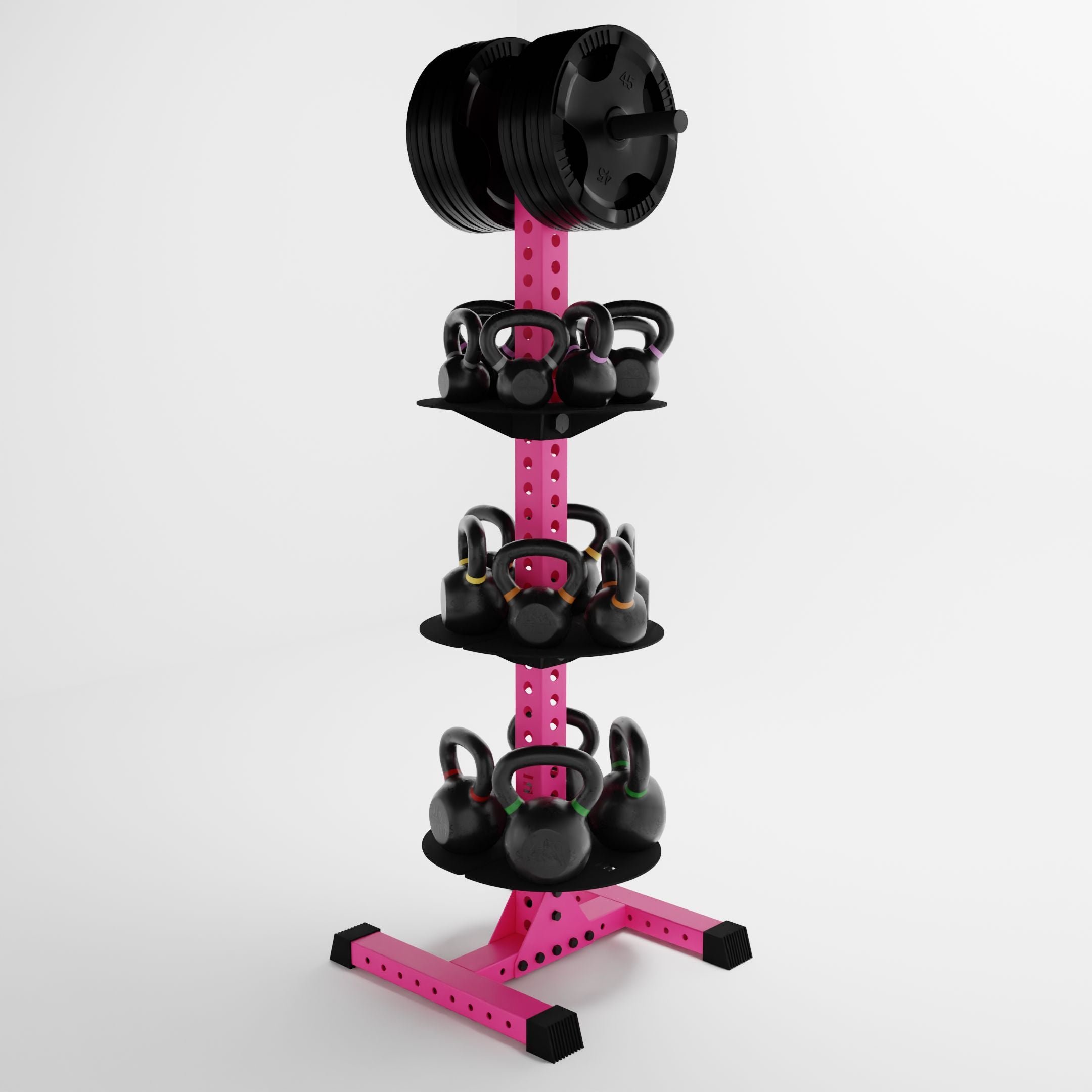 pink delta pk vertical hybrid weight plate and kettlebell storage rack storing weight plates and kettlebells side view
