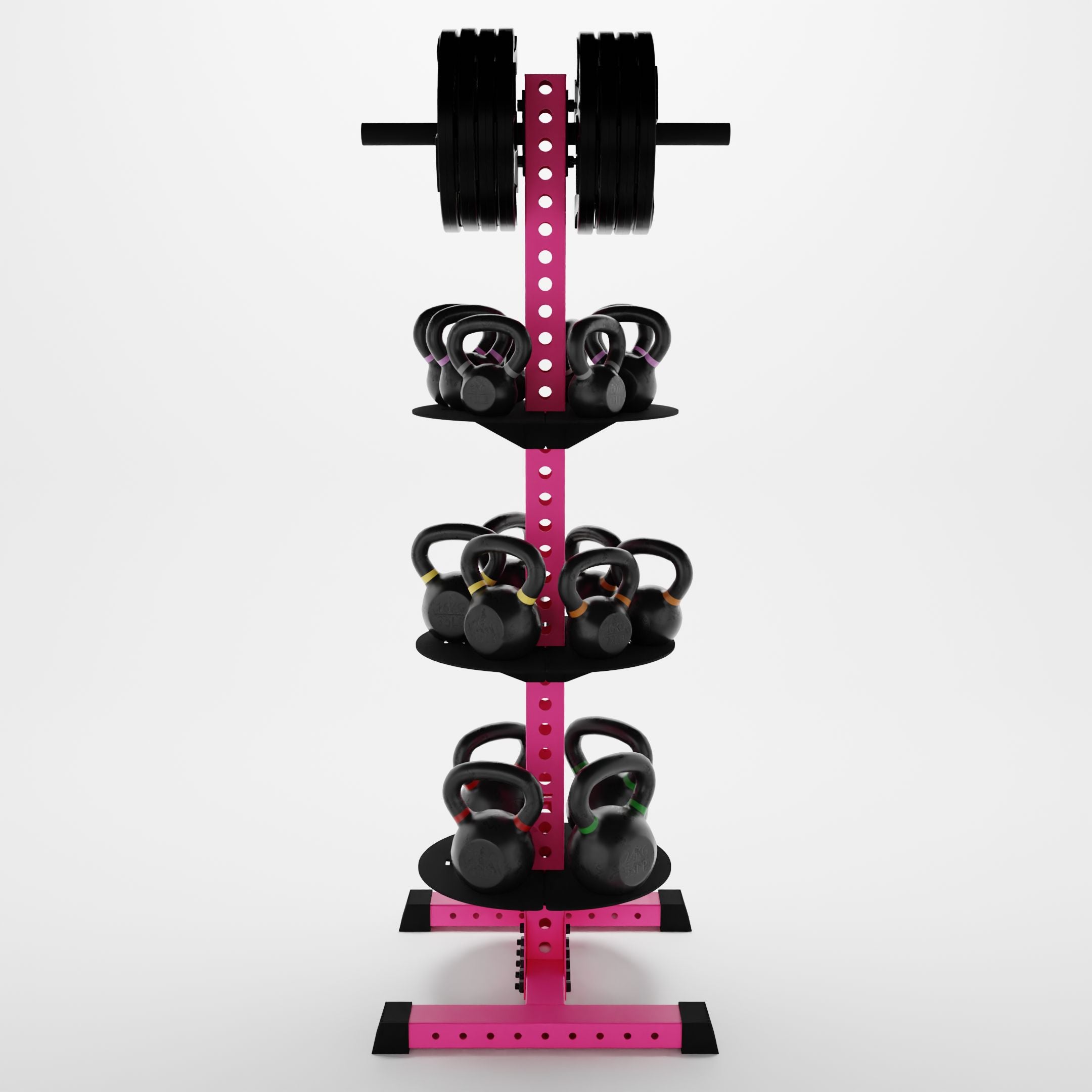 pink delta pk vertical hybrid weight plate and kettlebell storage rack storing weight plates and kettlebells